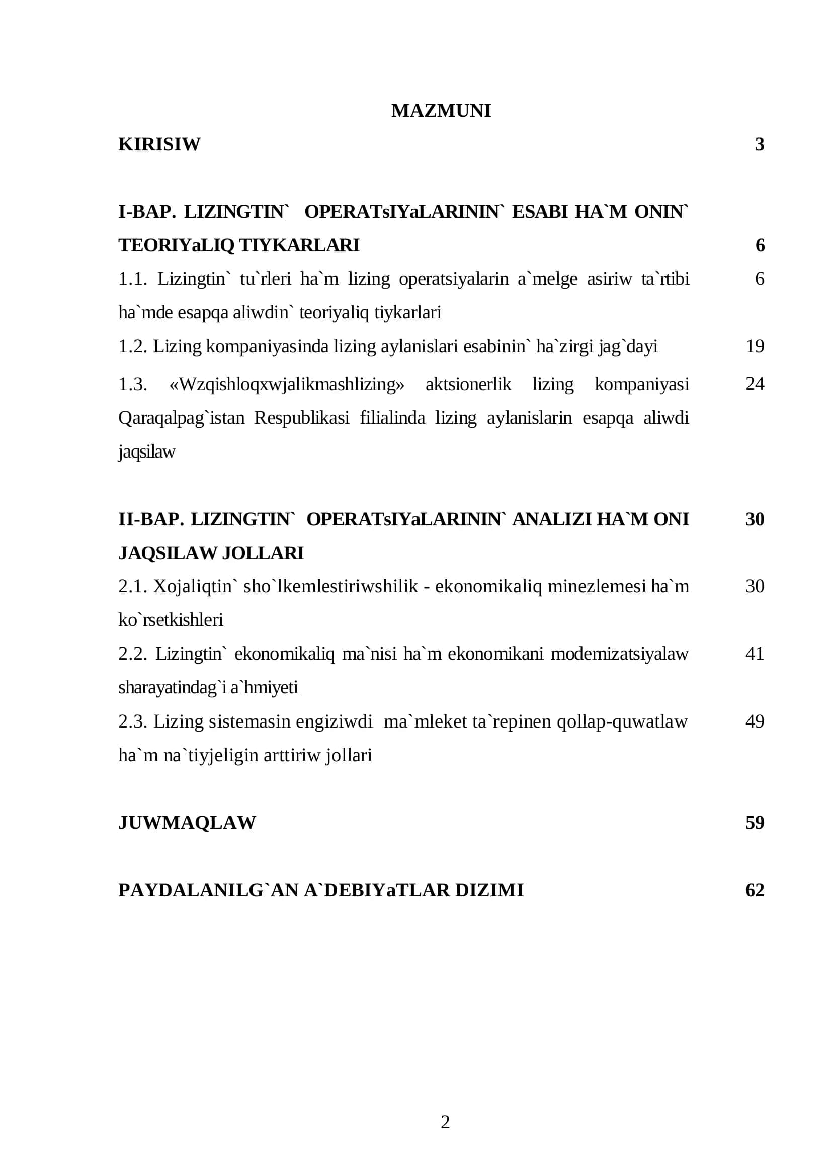 Lizing operatsiyalarinin` esabi ha`m onin` analizi 2