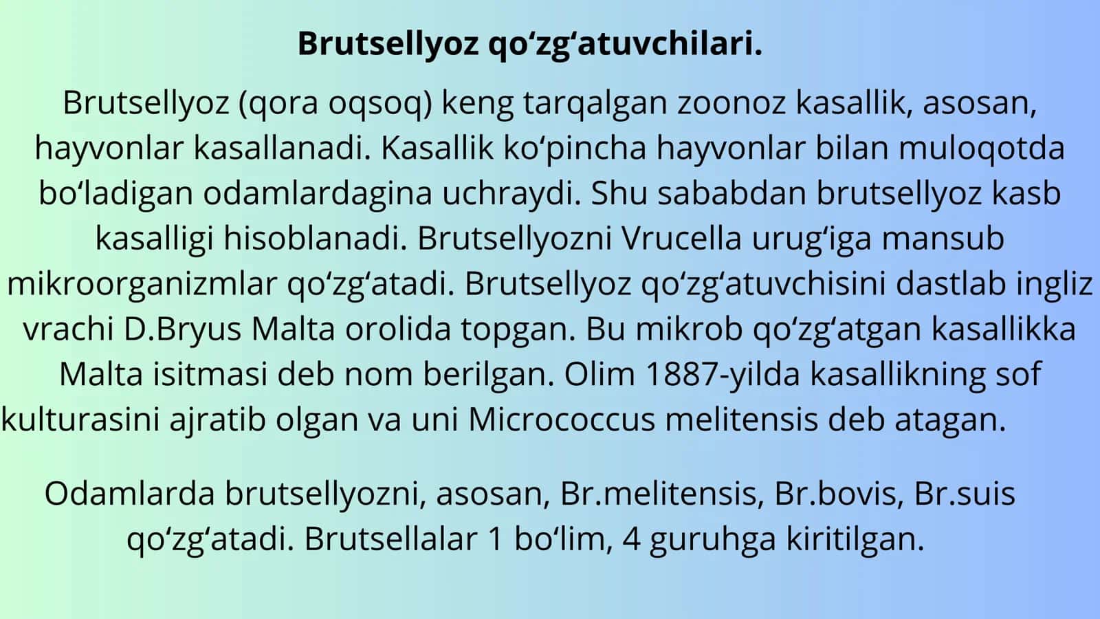 Zoonoz yuqumli kasallik qo‘zg‘atuvchilari (Yersinia pestis, Francisella tularensis, Bac. anthracis, Brucella bakteriyalar avlodi) 2