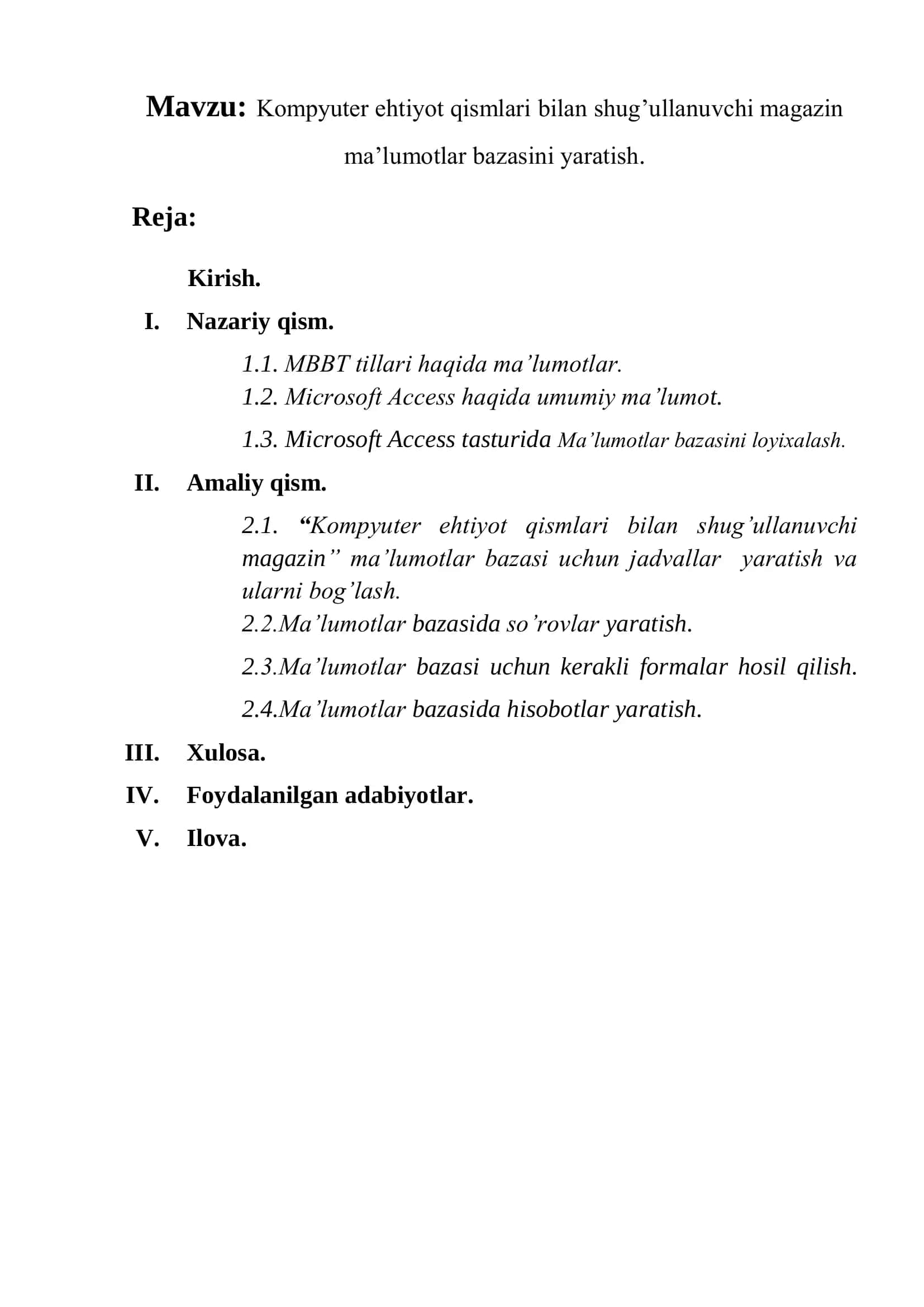 Kompyuter ehtiyot qismlari bilan shug’ullanuvchi magazin ma’lumotlar bazasini yaratish 2