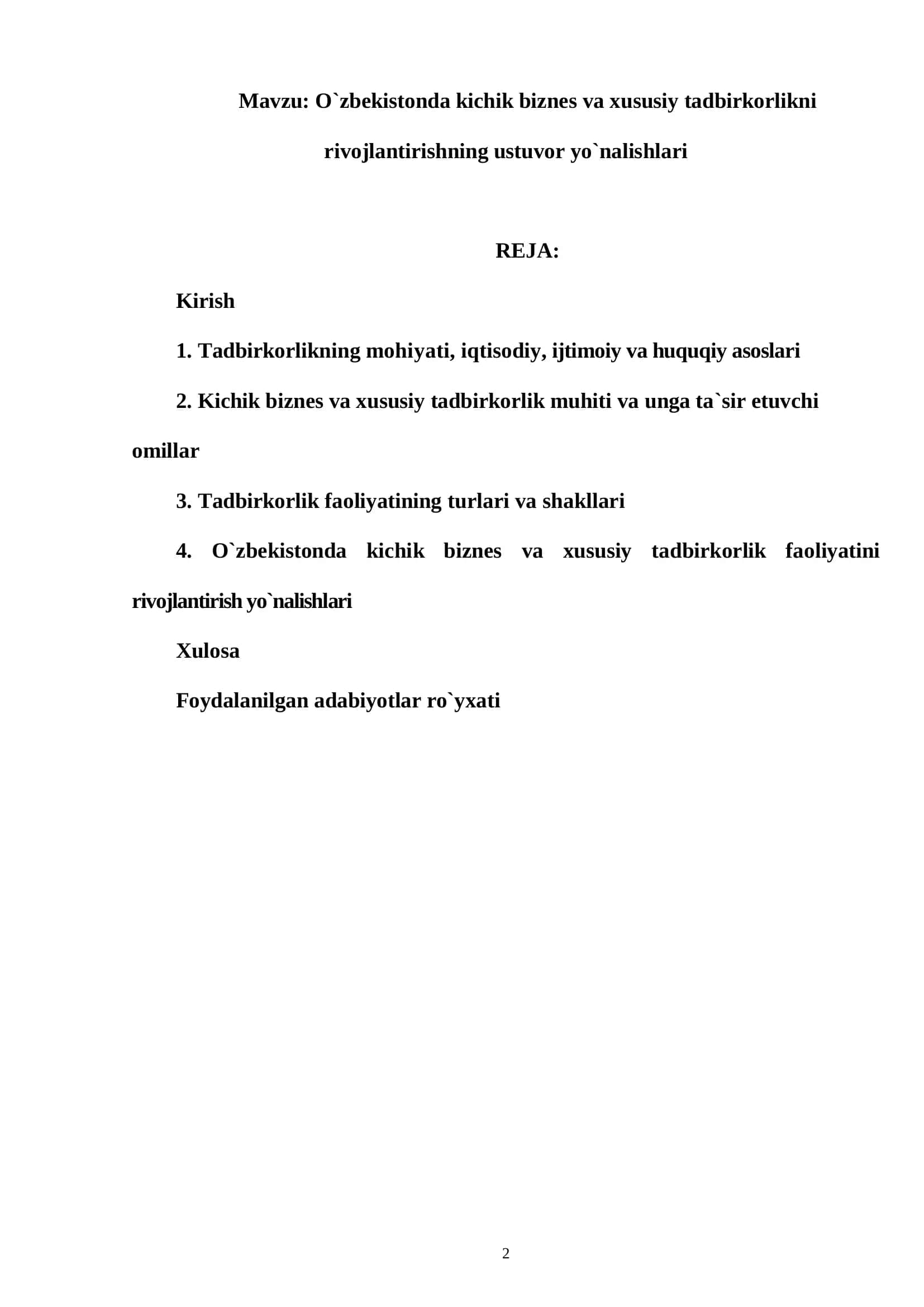 O`zbekistonda kichik biznes va xususiy tadbirkorlikni rivojlantirishning ustuvor yo`nalishlari 2
