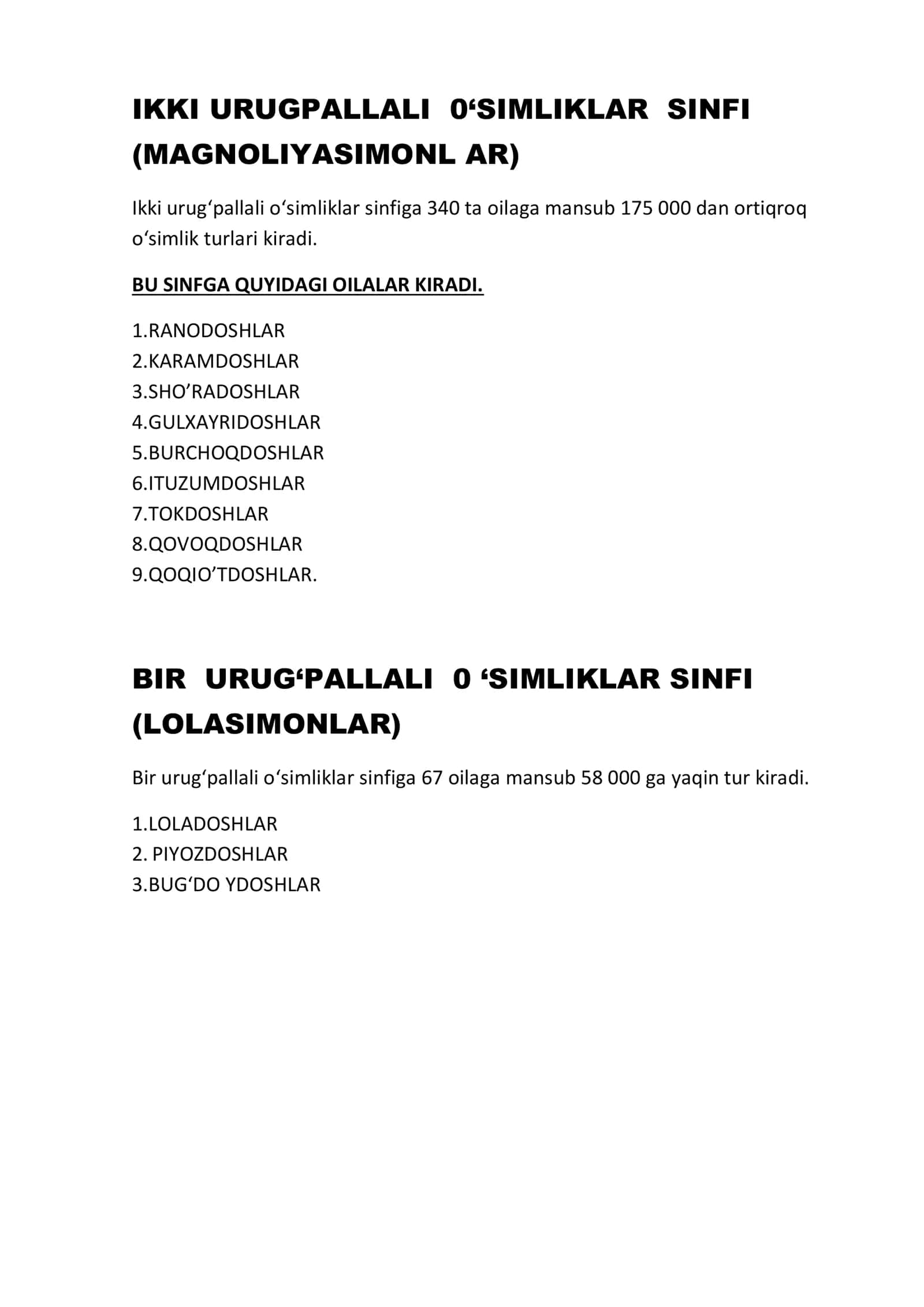 IKKI URUGPALLALI 0‘SIMLIKLAR SINFI (MAGNOLIYASIMONLAR) 2