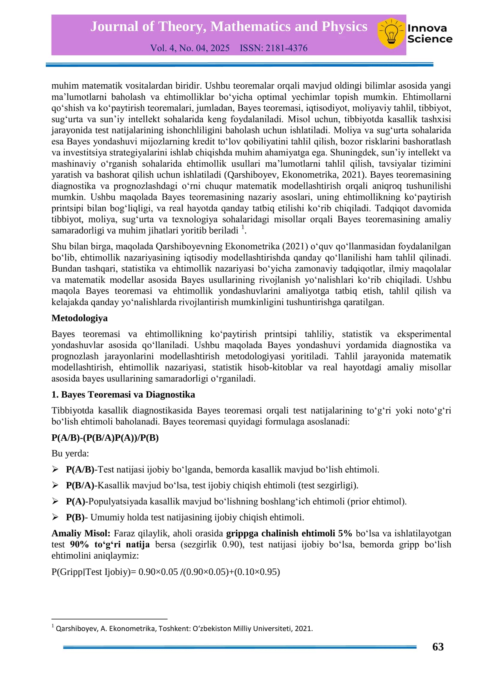 Bayes teoremasi va ehtimollarni ko‘paytirish printsipi: Diagnostika va prognozlashdagi roli 2
