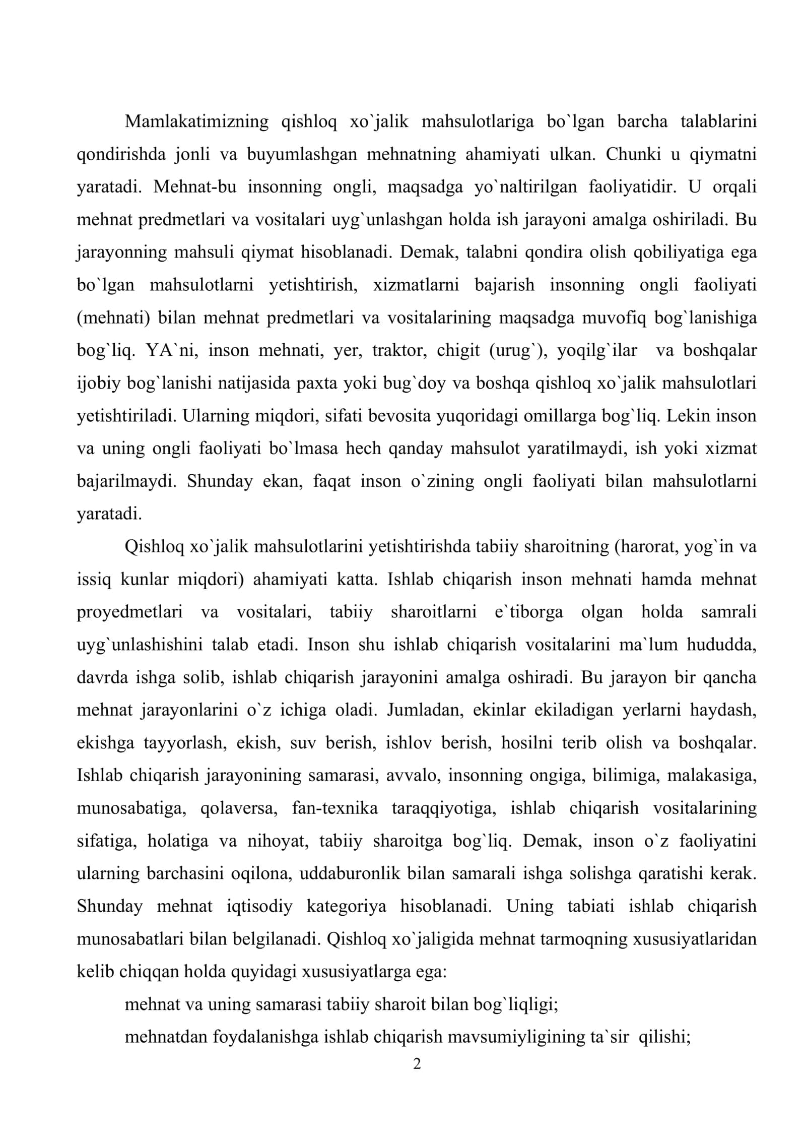 Mehnat resurslari va ulardan qishloq xo`jaligida foydalanish, mehnat unumdorligini oshirish yo`llari 2