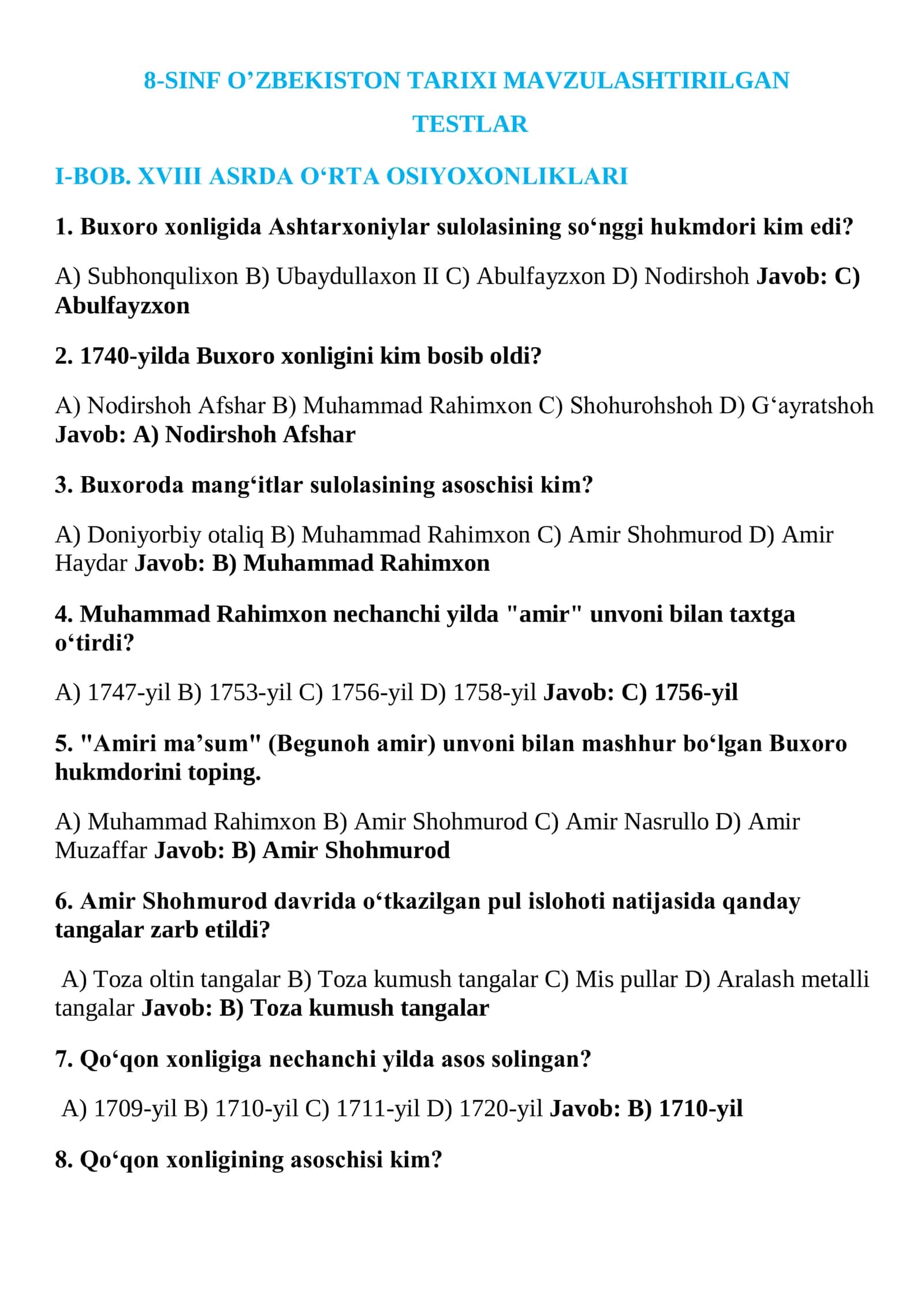 8-SINF O’ZBEKISTON TARIXI MAVZULASHTIRILGAN TESTLAR  JAVOBLARI 2026 YIL 2