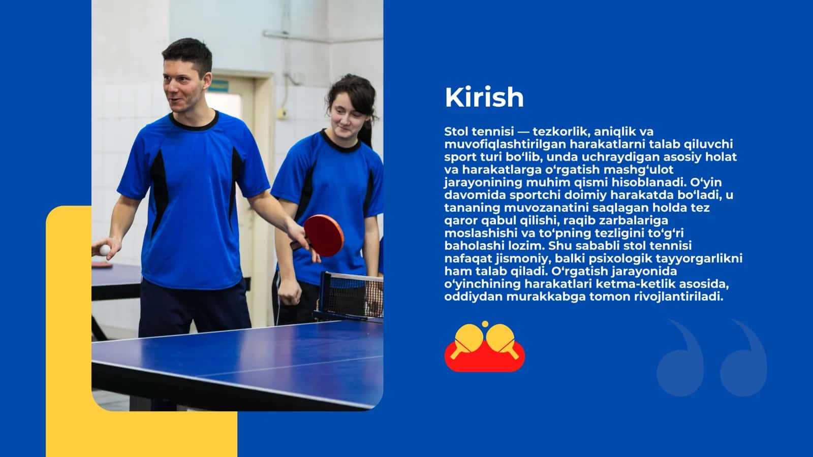 STOL TENNISI O‘YINDA UCHRAYDIGAN HOLAT VA HARAKATLARGA O‘RGATISH 2