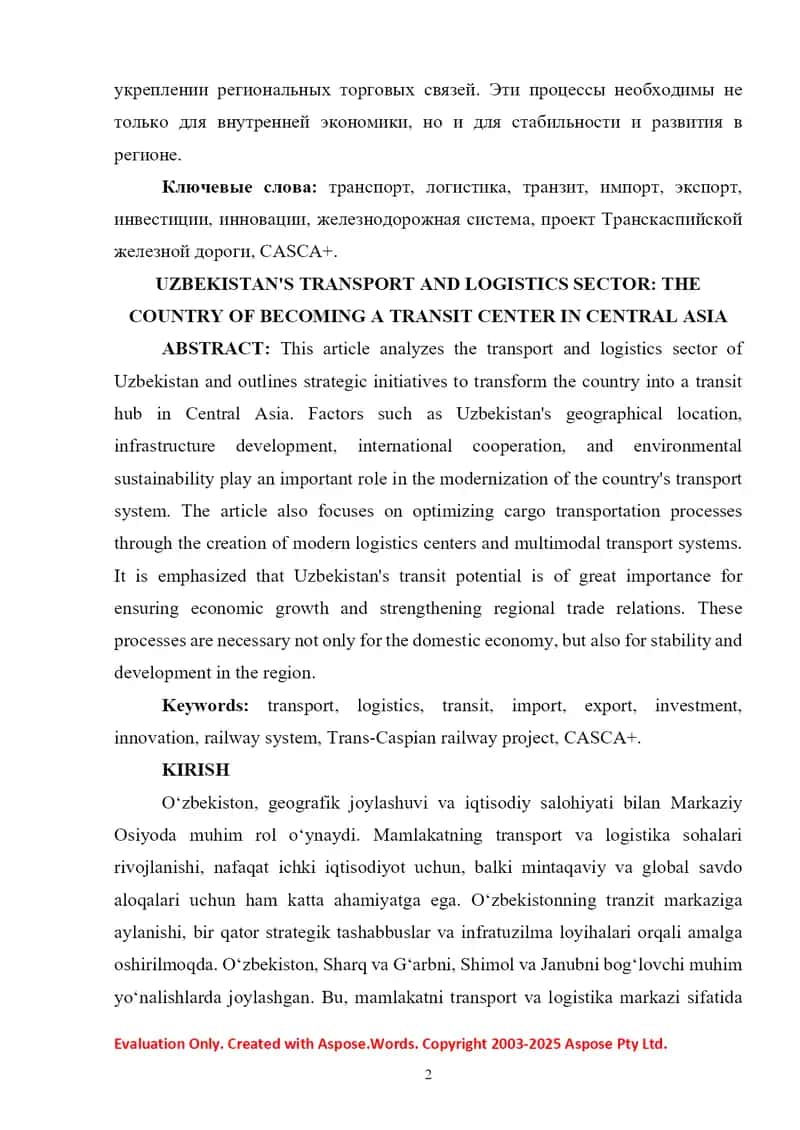 O‘zbekistonning transport va logistika sohasini rivojlantirish va Markaziy Osiyoda tranzit markaziga aylanish strategiyasi 2