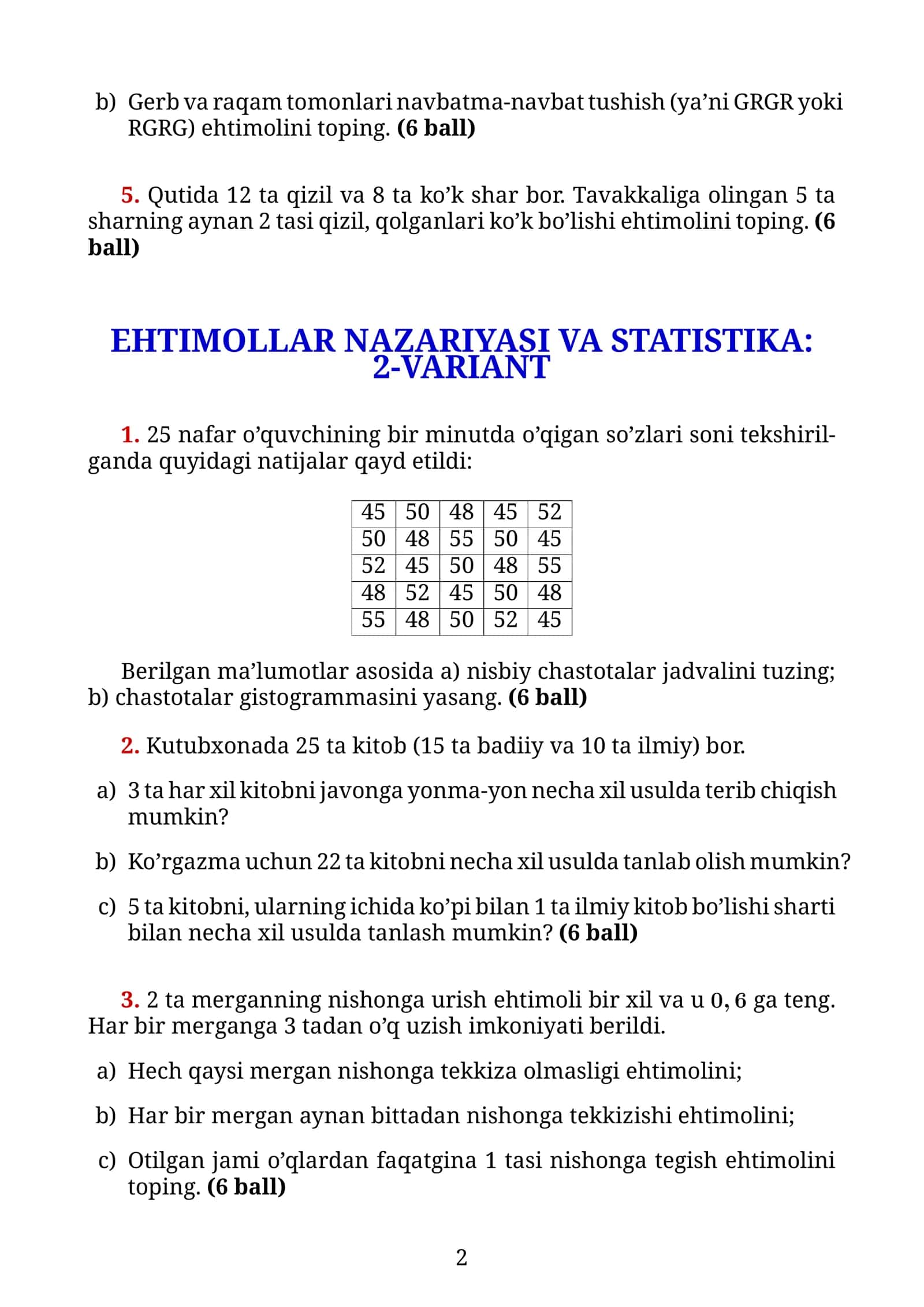 EHTIMOLLAR NAZARIYASI VA STATISTIKA: 1-VARIANT 2