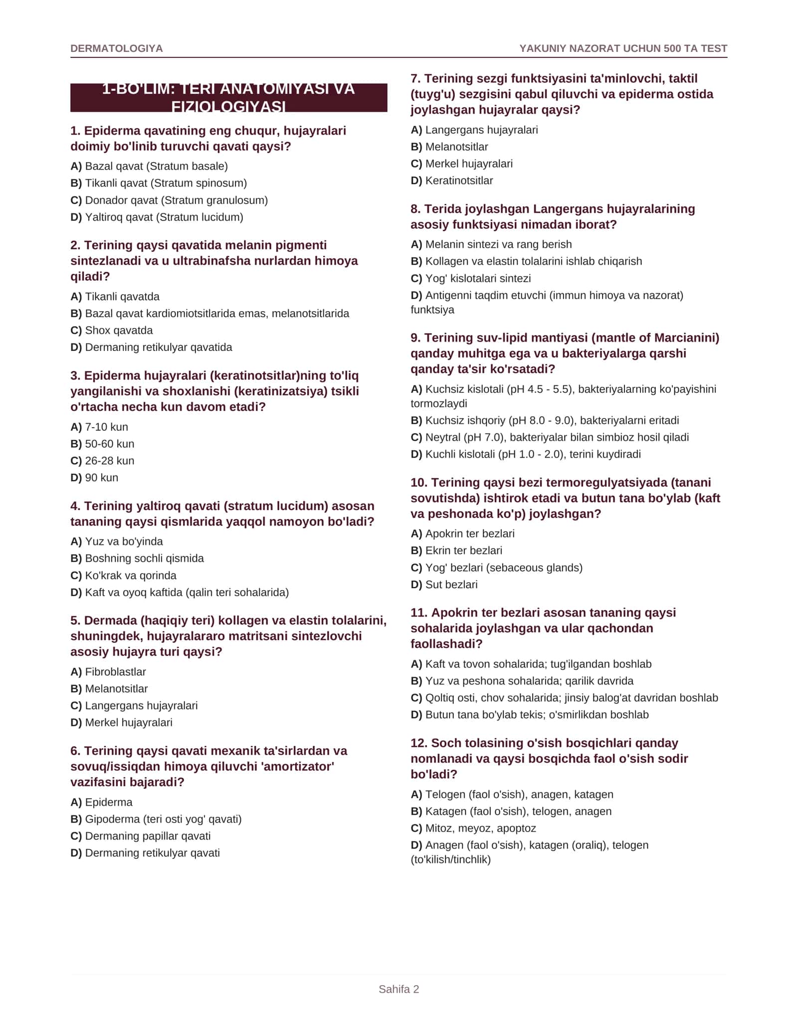 Dermatologiya — yakuniy nazorat uchun 500 ta test savoli + javoblari 2