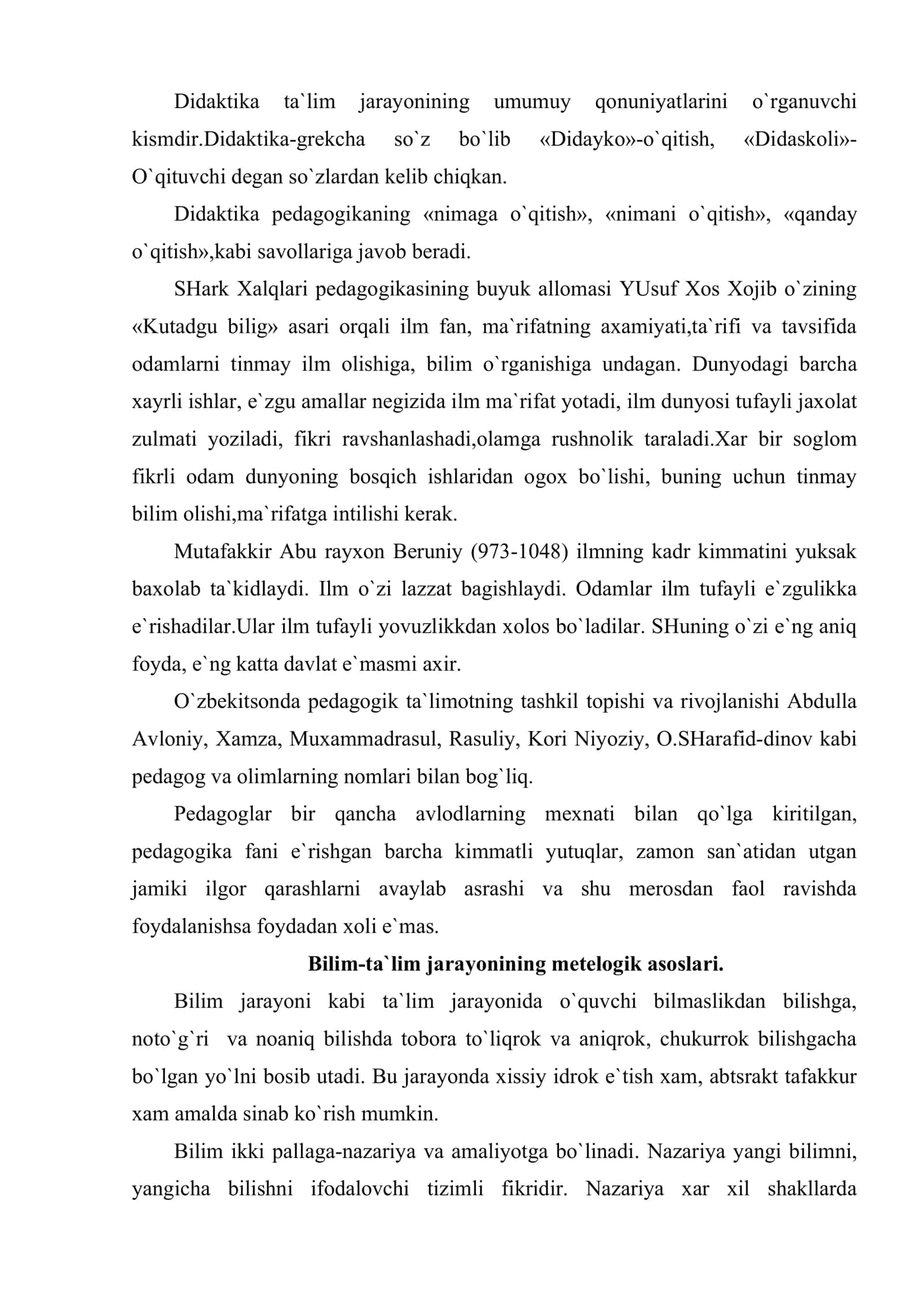 Didaktika fani va uning vazifalari. Ta`lim mazmuni. Ta`lim qonuniyatlari va qoidalari 2