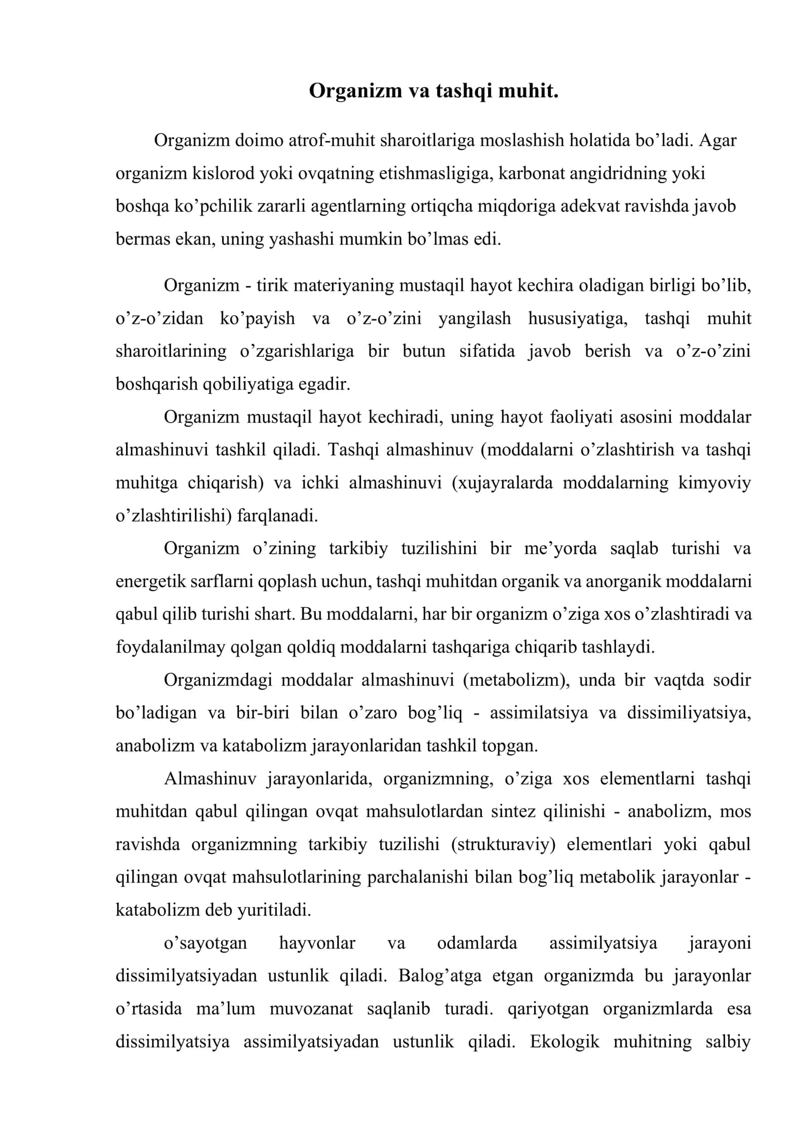 Organizm, tashqi va ichki muhit, gomeostaz 2