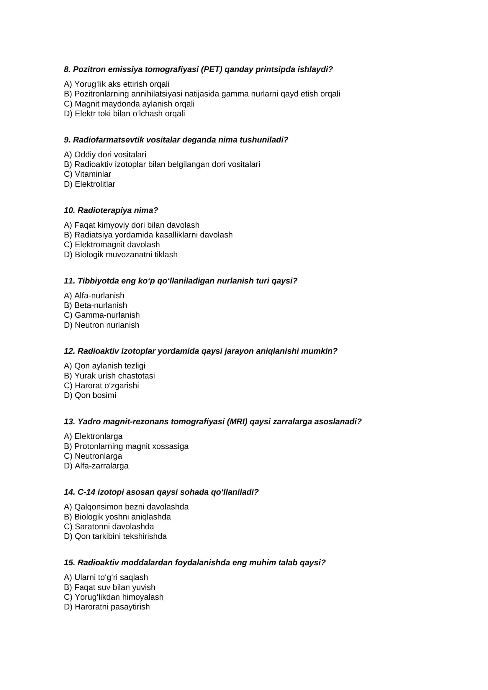Yadro kimyosining tibbiyotdagi ahamiyati va qo‘llanilishi (test savollari) 2