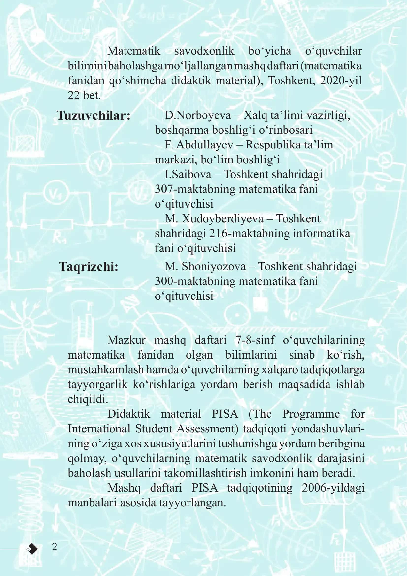 Matematik Savodxonlik Bo‘yicha O‘quvchilar Bilimini Baholashga Mo‘ljallangan Mashq Daftari 2