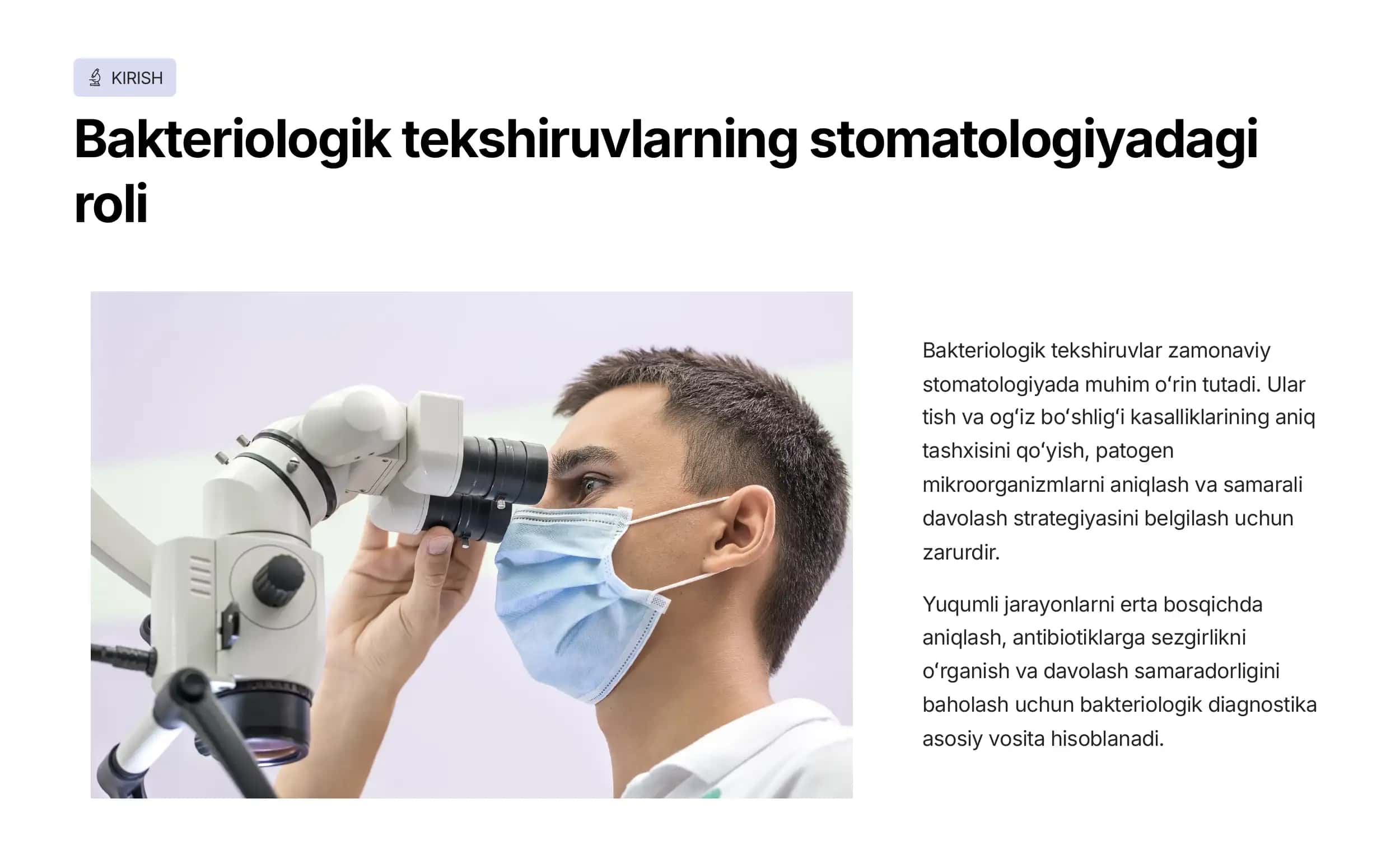 Stomatologik  kasalliklarda (tish  karashidan, ogʻiz  boʻshligʻidan, soʻlak  bezlaridan, milk  suyuqligi, karies boʻshligʻi va kanalidan,  tish-milk choʻntagidan)  bakteriologik  tekshiruvlar uchun  material olish qoidalari. 2