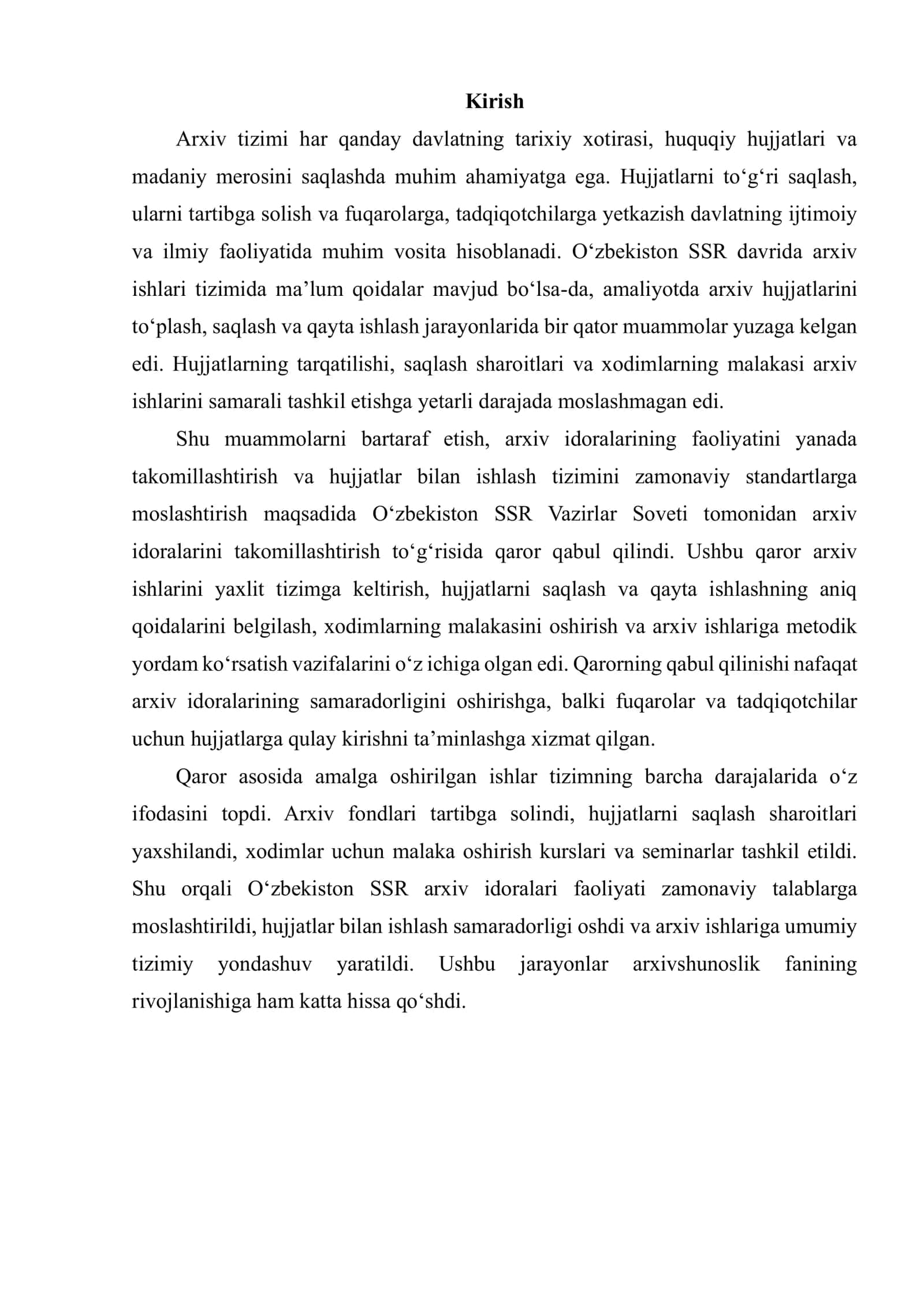 O‘ZBEKISTON SSR ARXIV IDORALARI TIZIMINI TAKOMILLASHTIRISH TO‘G‘RISIDAGI QARORI VA BU HUJJAT ASOSIDA AMALGA OSHIRILGAN ISHLAR 2