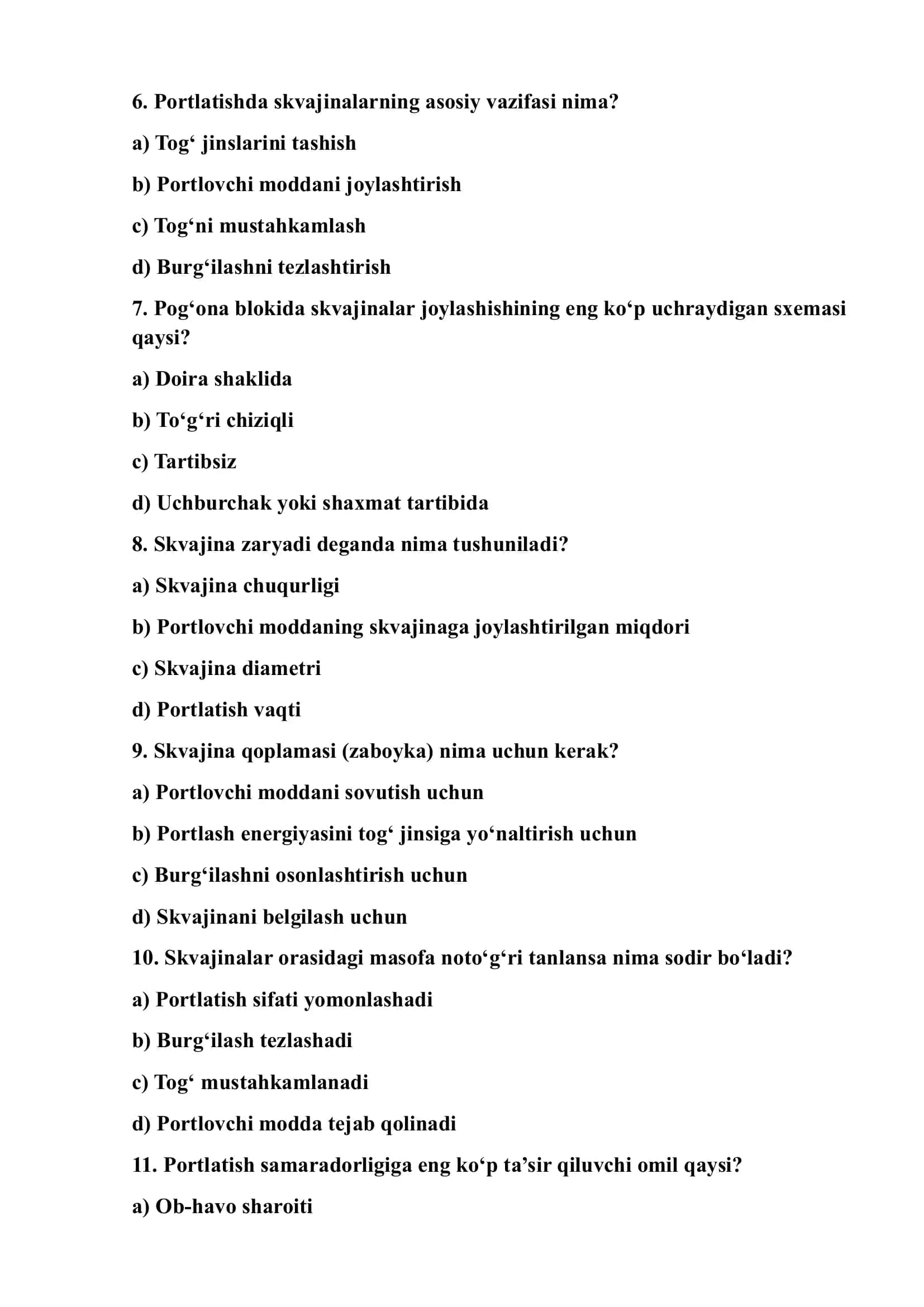 Portlatish skvajinalari, ulaming parametrlari va pog'ona blokida joylashish 
sxemalari 2