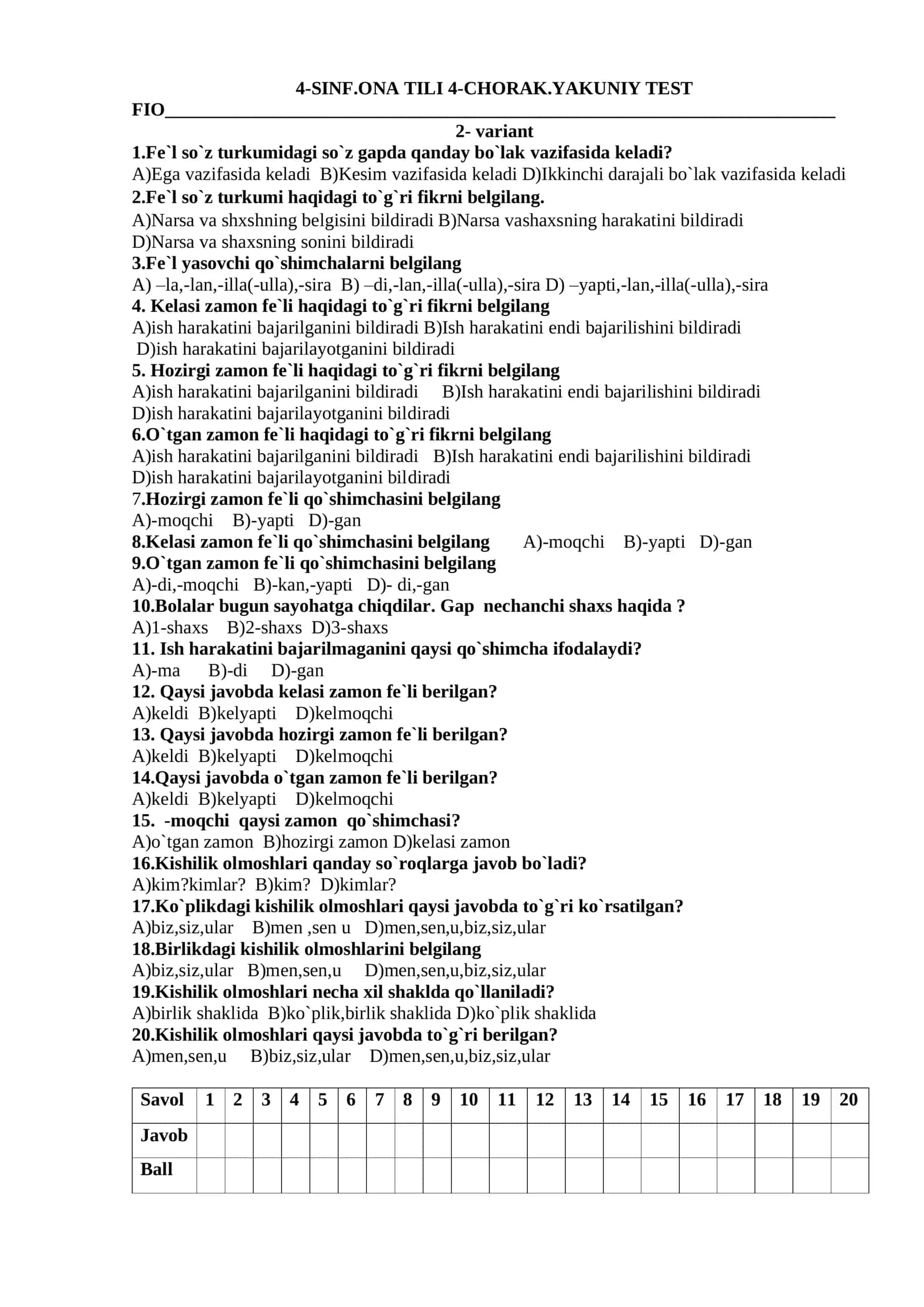4-SINF. ONA TILI. 4-CHORAK. 10- NAZORAT ISHI. YAKUNIY TEST 2