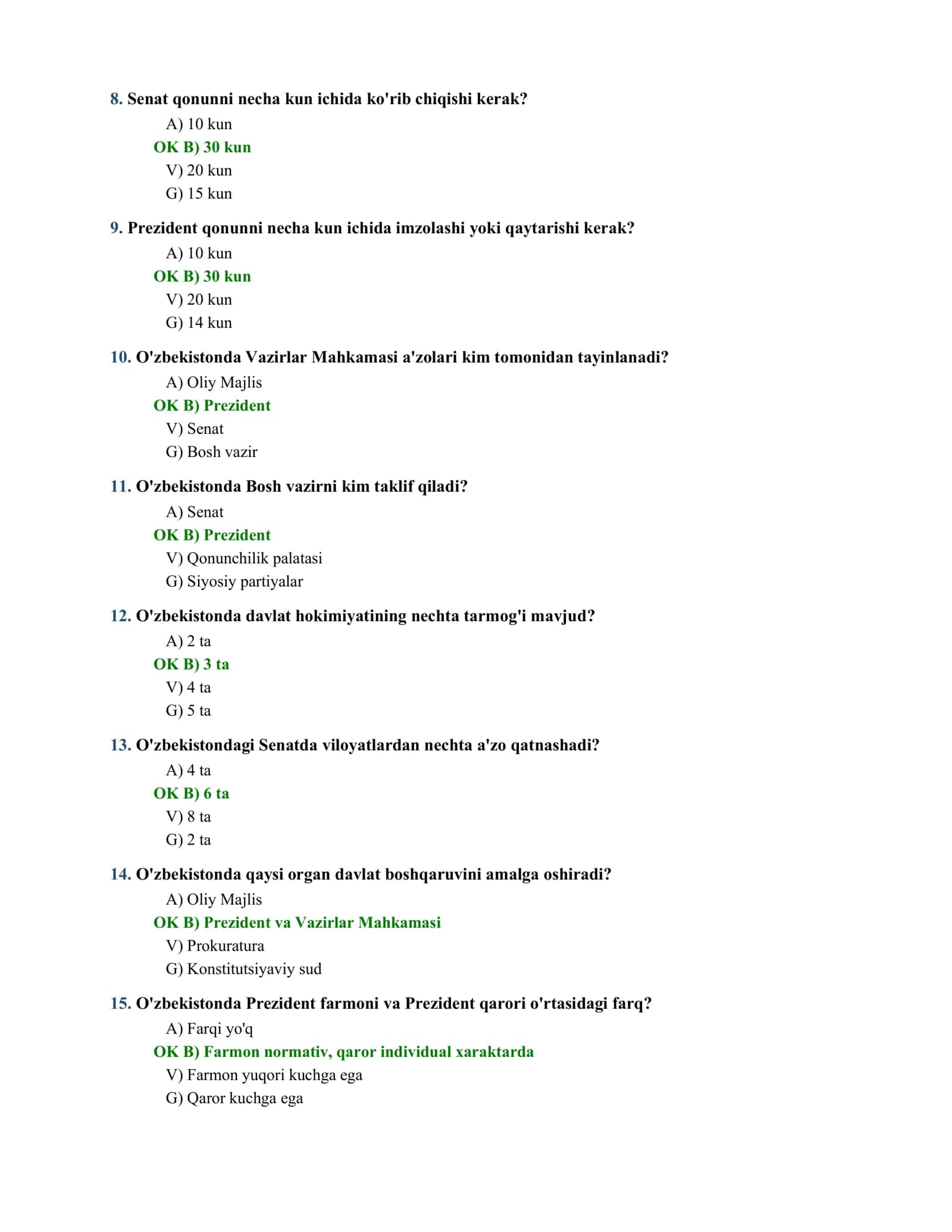 DAVLAT TUZILISHI VA QONUNCHILIK ASOSLARI test savollari 2