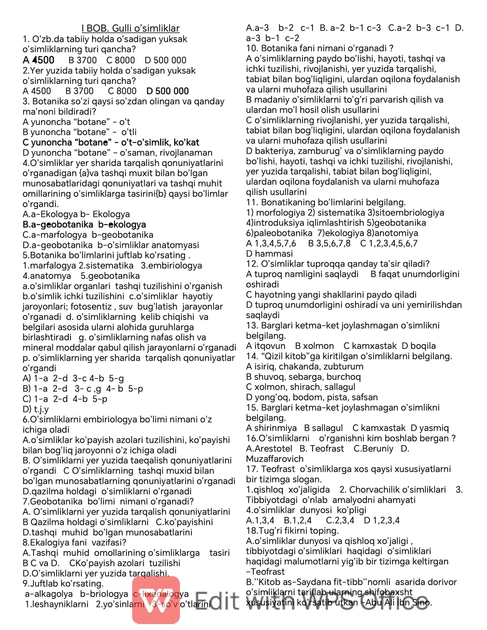 BIOLOGIYA BOTANIKA TEST 2