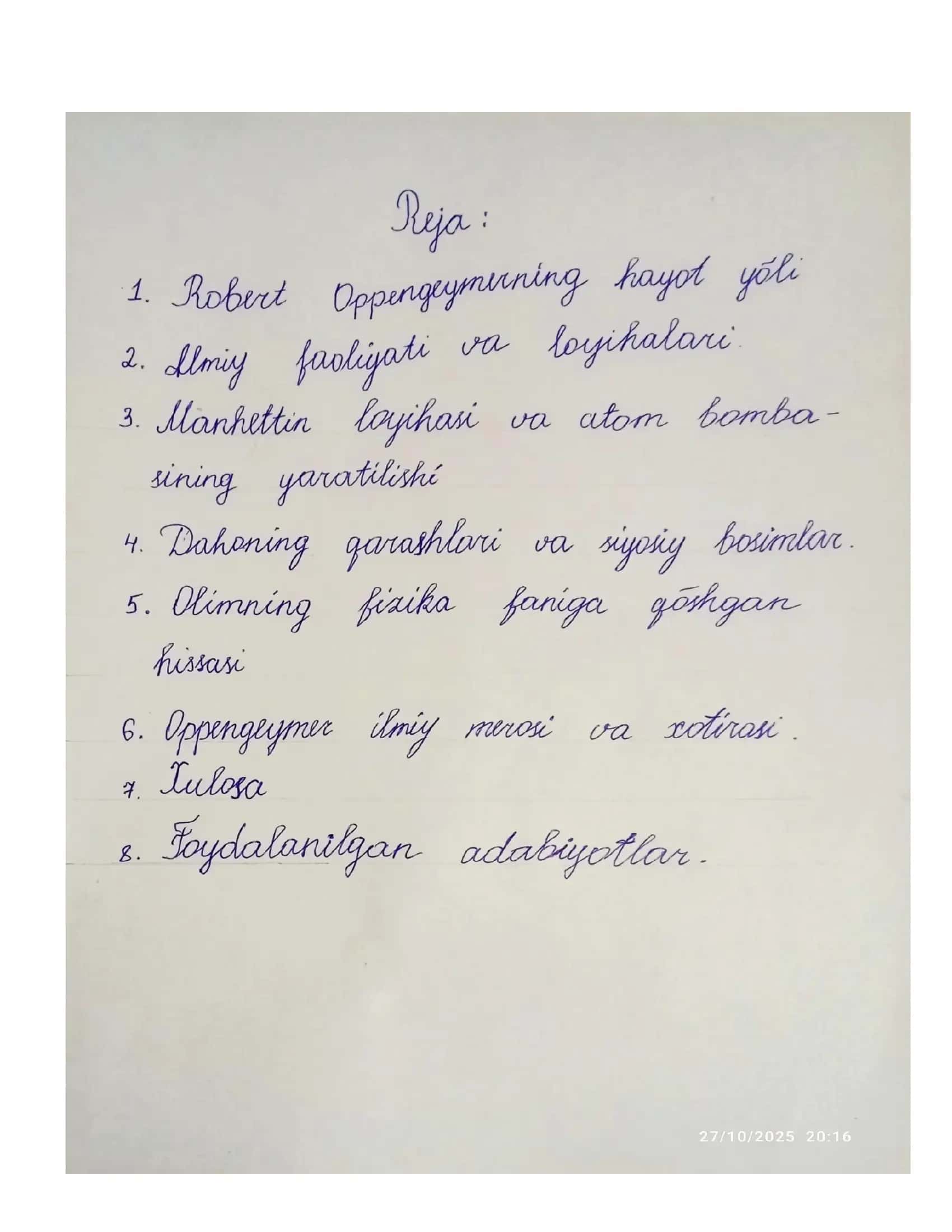 Fizika faniga hissa qoʻshgan olim Robert Oppengeymer mavzusida 2