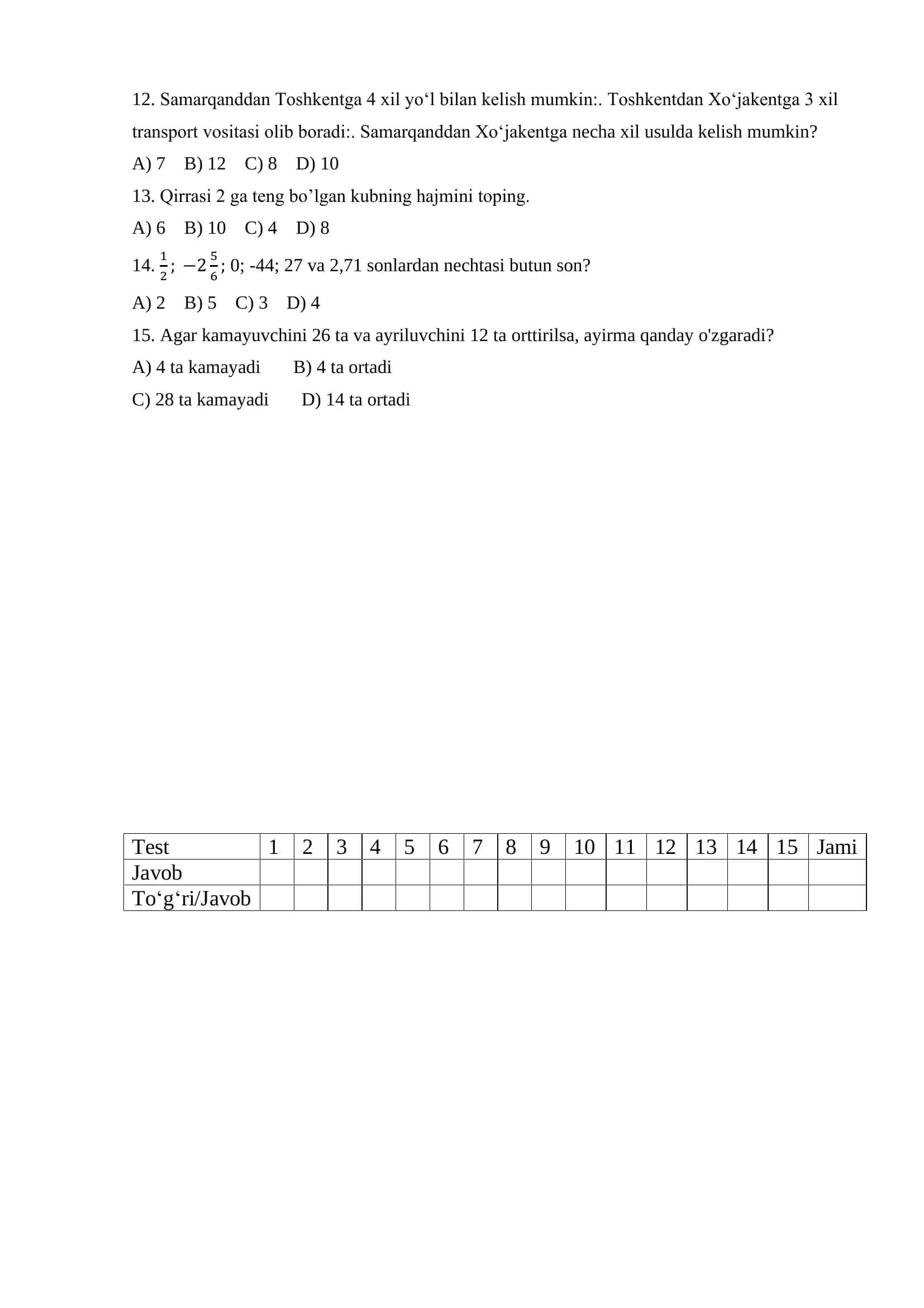 Majburiy matematikadan test 2