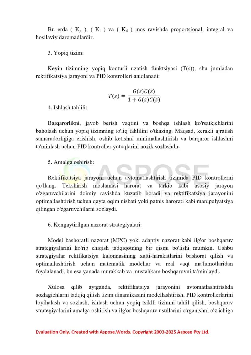 Rektifikatsiya jarayonini avtomatlashtirishda PID-rostlagichlarni tadqiq etish 2