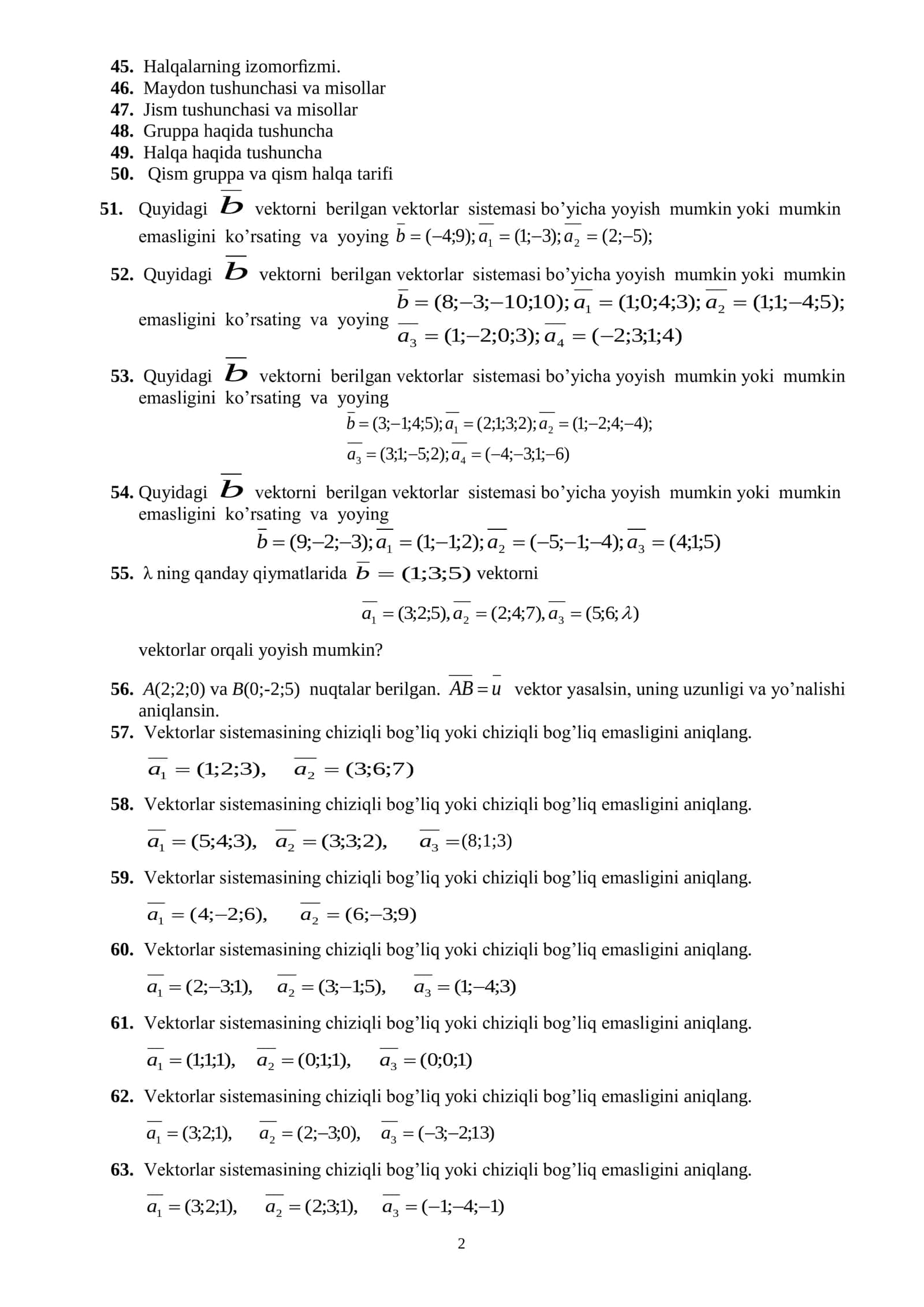 ALGEBRA VA SONLAR NAZARIYASI FANIDAN YAKUNIY NAZORAT SAVOLLARI 2