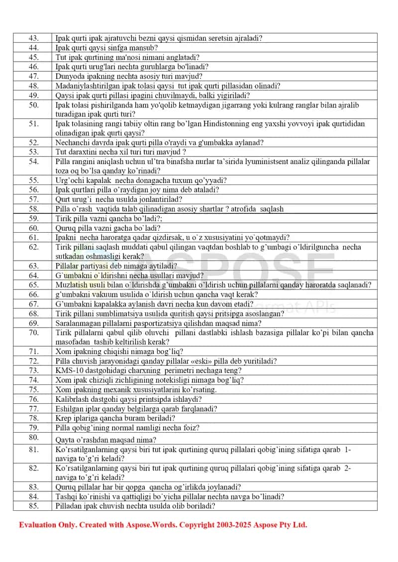 “To‘qimachilik mahsulotlari texnologiyasi va jihozlari” fanidan test savollari (ipak) 2