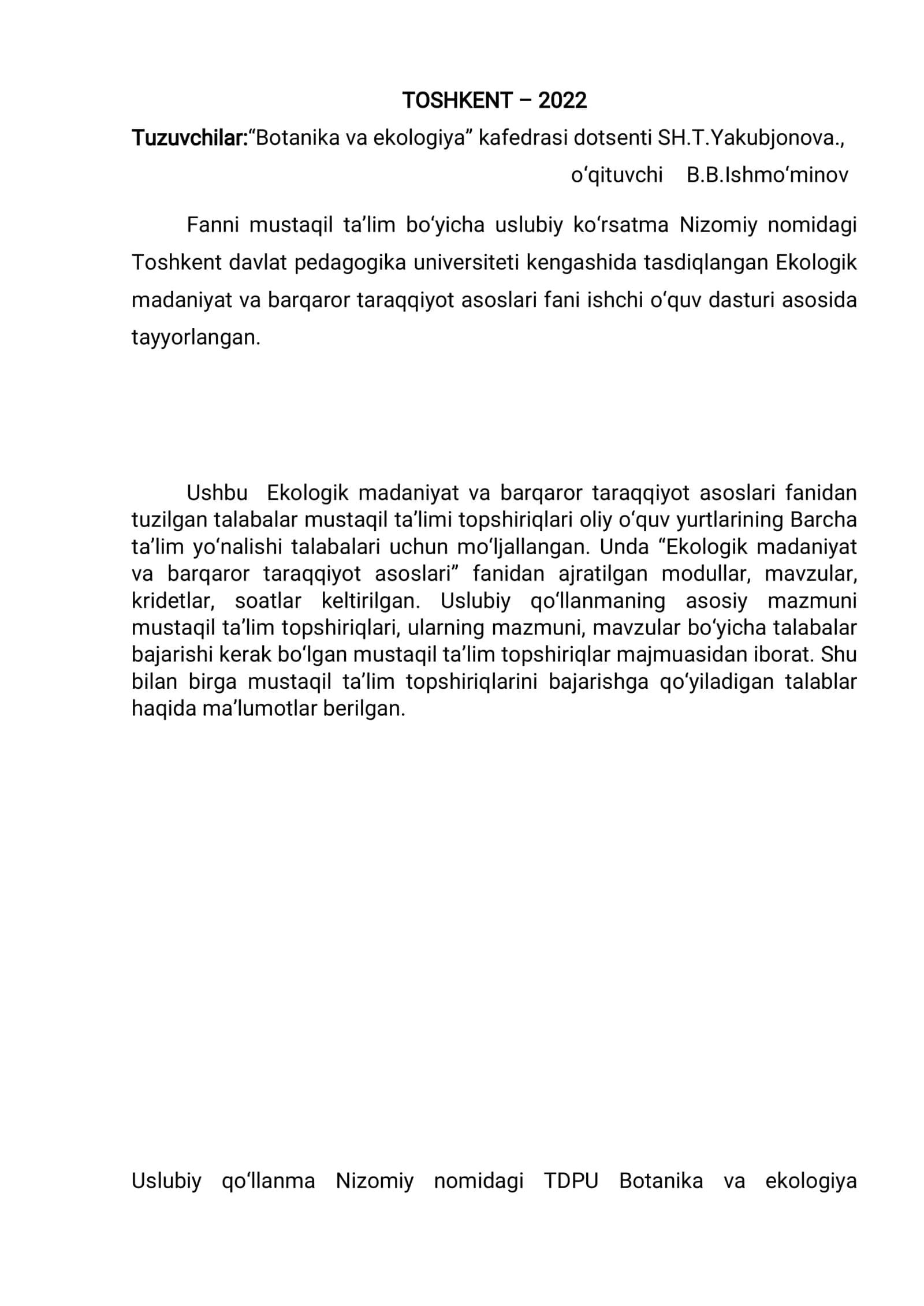 Ekologik madaniyat va barqaror taqqiyot asoslari fanidan ta'lim bo'yicha uslubiy kursatma 2