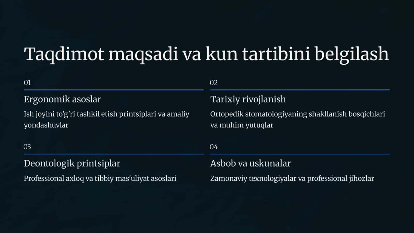 Stomatolog tish sozlash texnigi ish joyini tashkil qilishning ergonomik asoslari. Ortopedik stomatologiya tarixi. Deontologiya. Ortopedik stomatologiyada qo‘llaniladigan asbob va uskunalar. 2