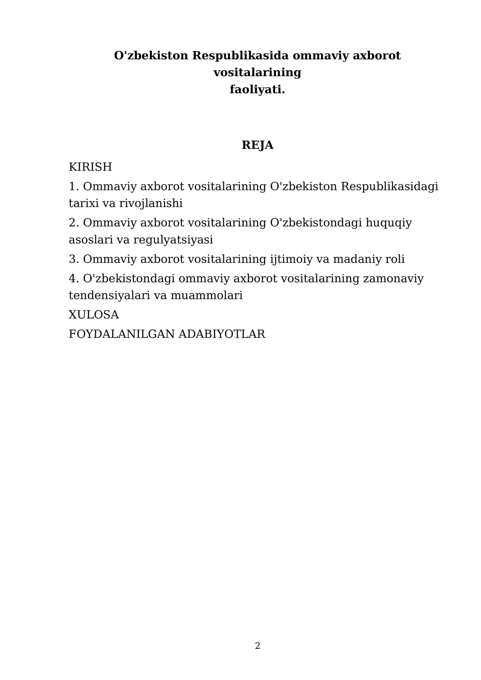 Oʻzbekistonning eng yangi tarixi fanidan tayyorlagan referat 2