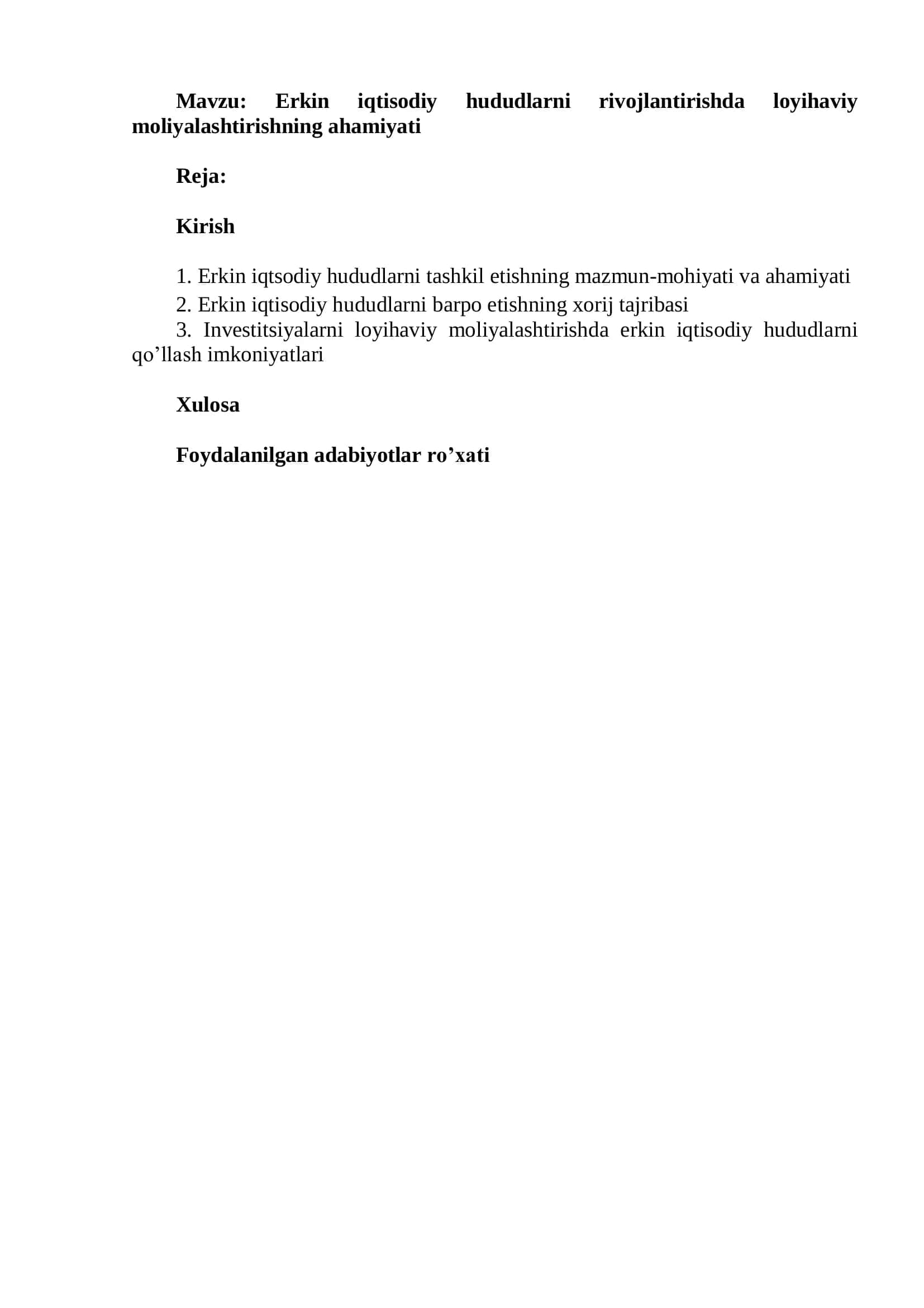 Erkin iqtisodiy hududlarni rivojlantirishda loyihaviy moliyalashtirishning ahamiyati 2