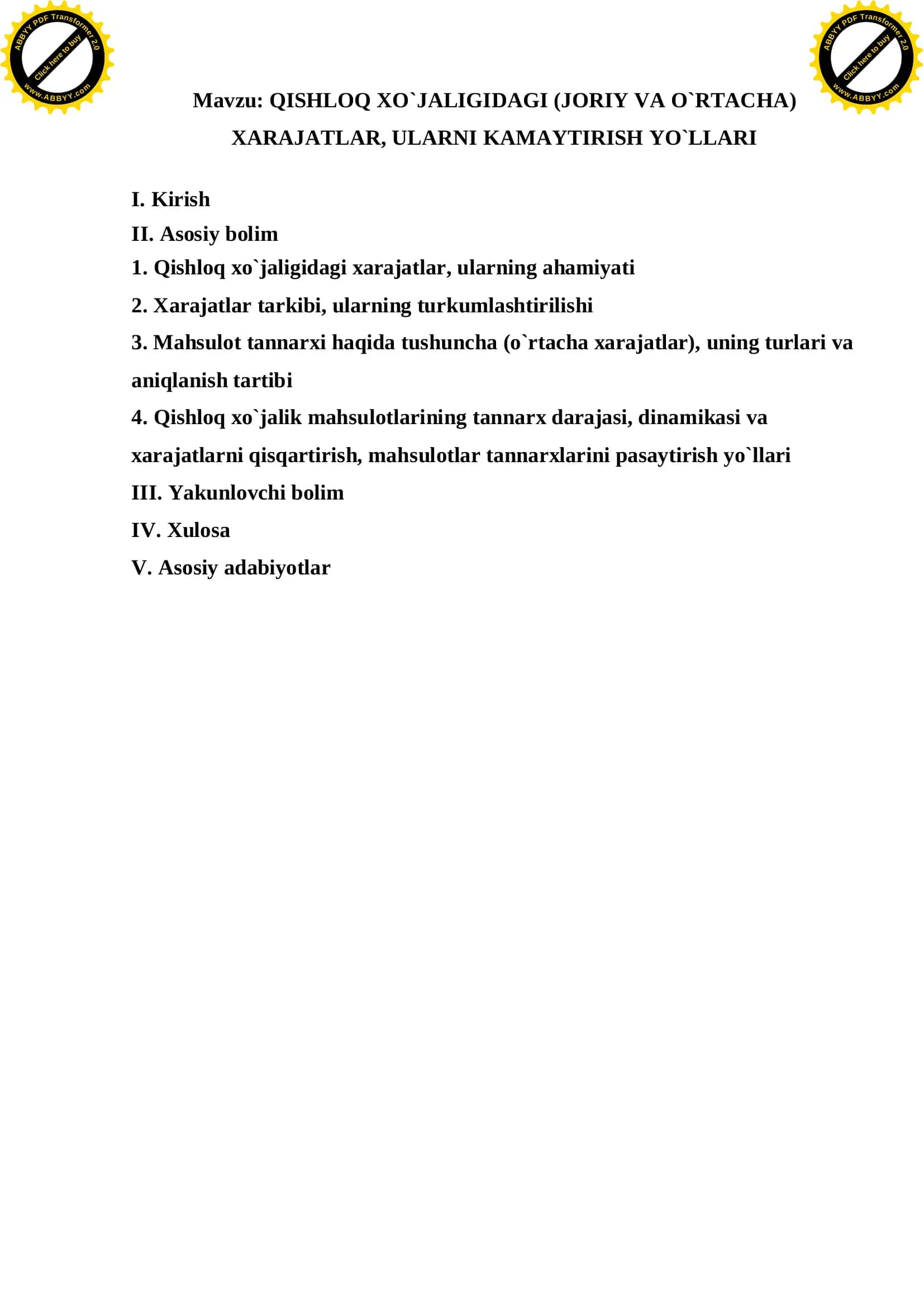 QISHLOQ XO`JALIGIDAGI (JORIY VA O`RTACHA) XARAJATLAR, ULARNI KAMAYTIRISH YO`LLARI 2
