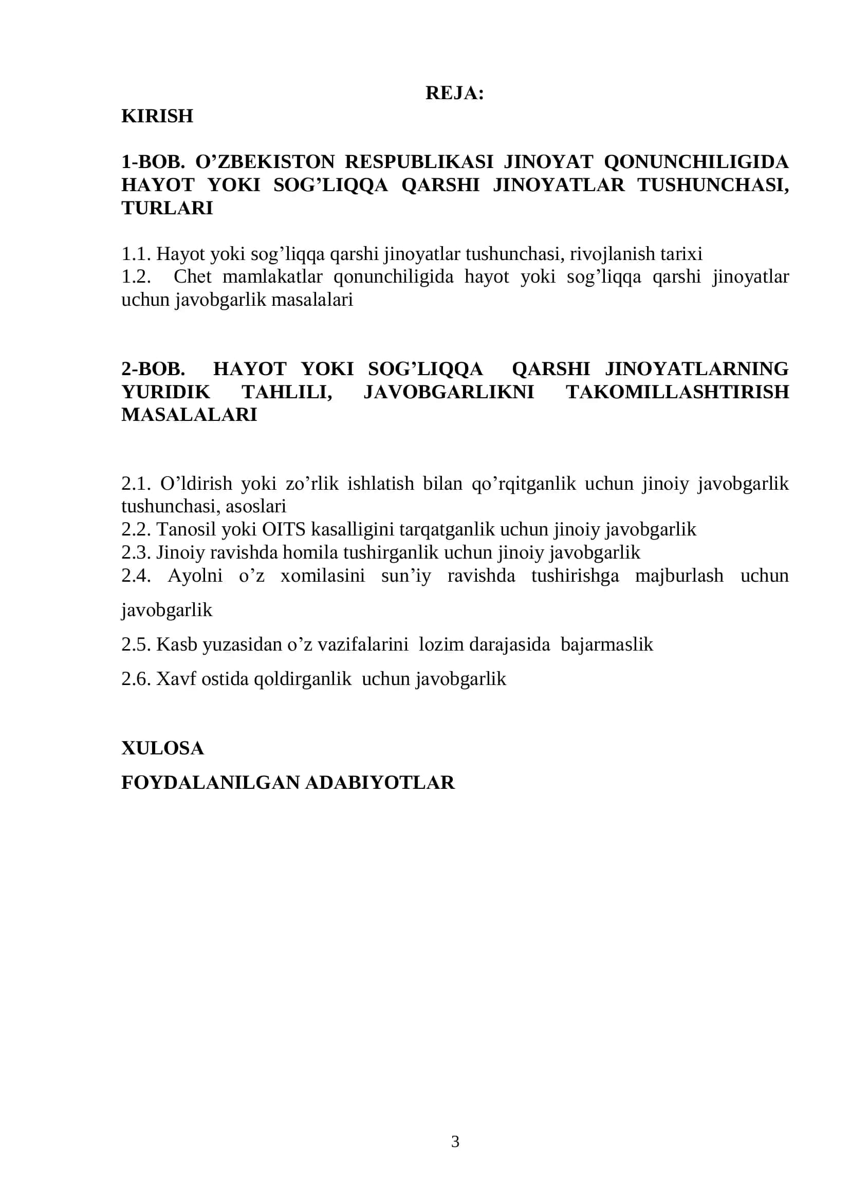 Hаyot yoki sоg’liqqа qаrshi jinоyatlаrning yuridik tаhlili, 2