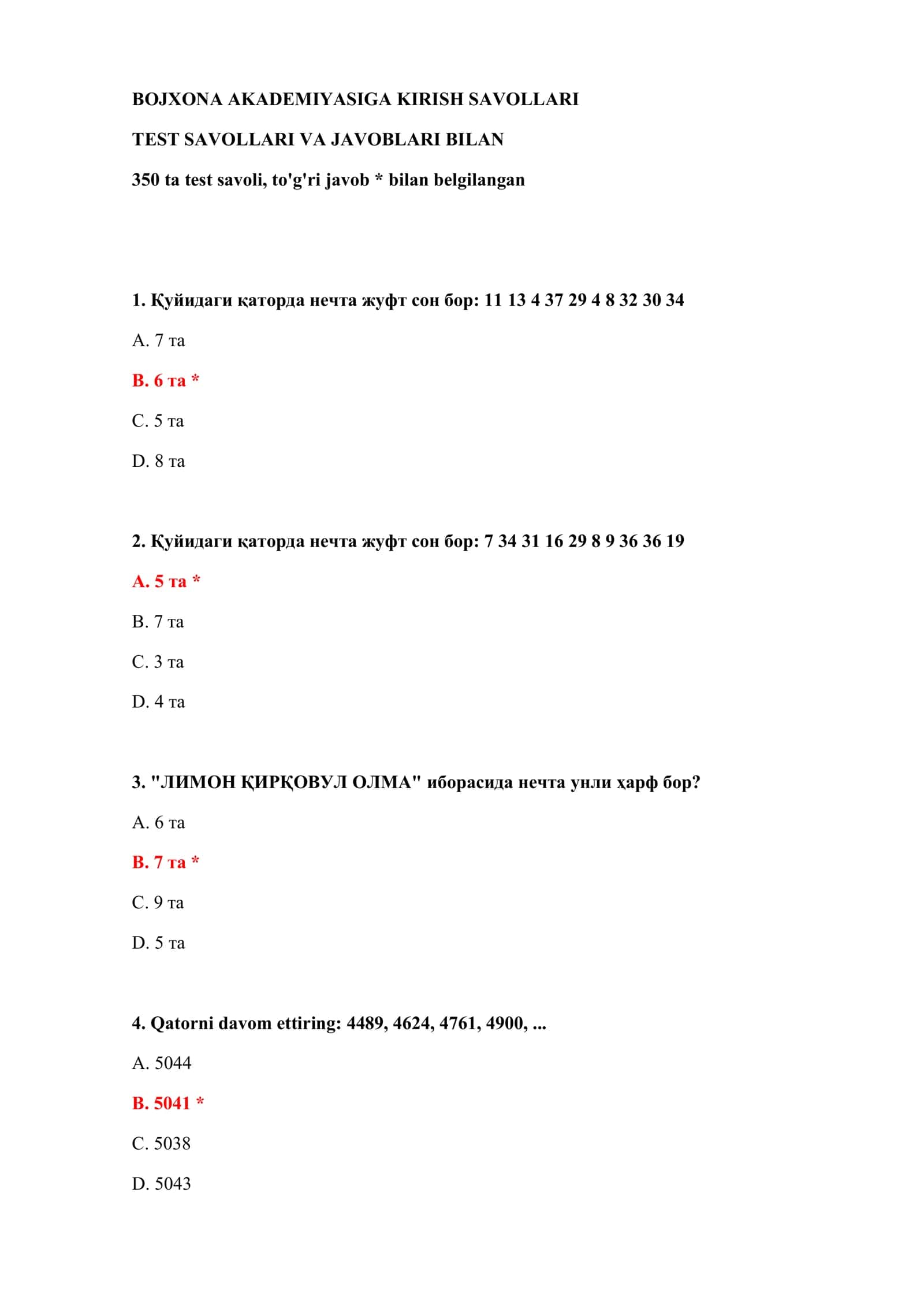 KIRISH SAVOLLARI TEST SAVOLLARI VA JAVOBLARI BILAN 2