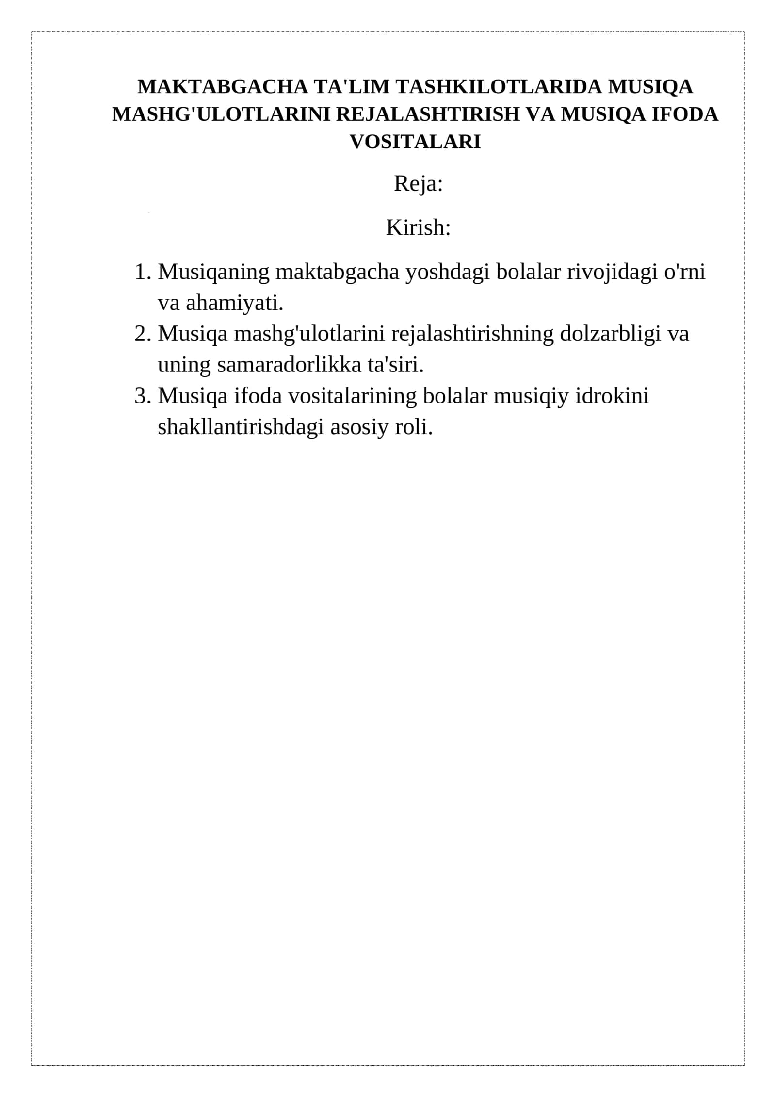 Musiqa mashg'ulotlari rejalashtirish va ifoda vositalari 2