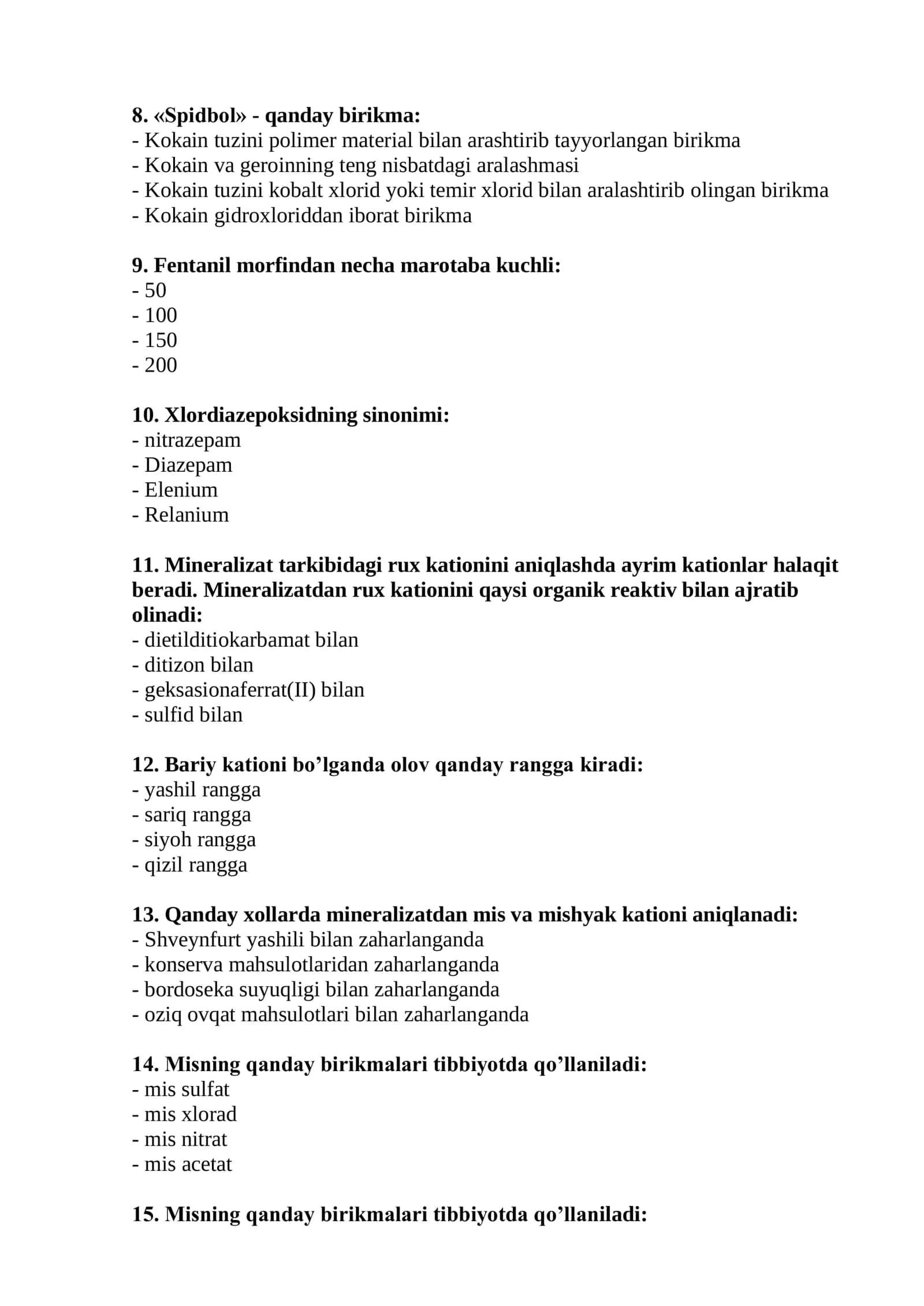Sud-kimyo ekspertiza test savollari 2026 2