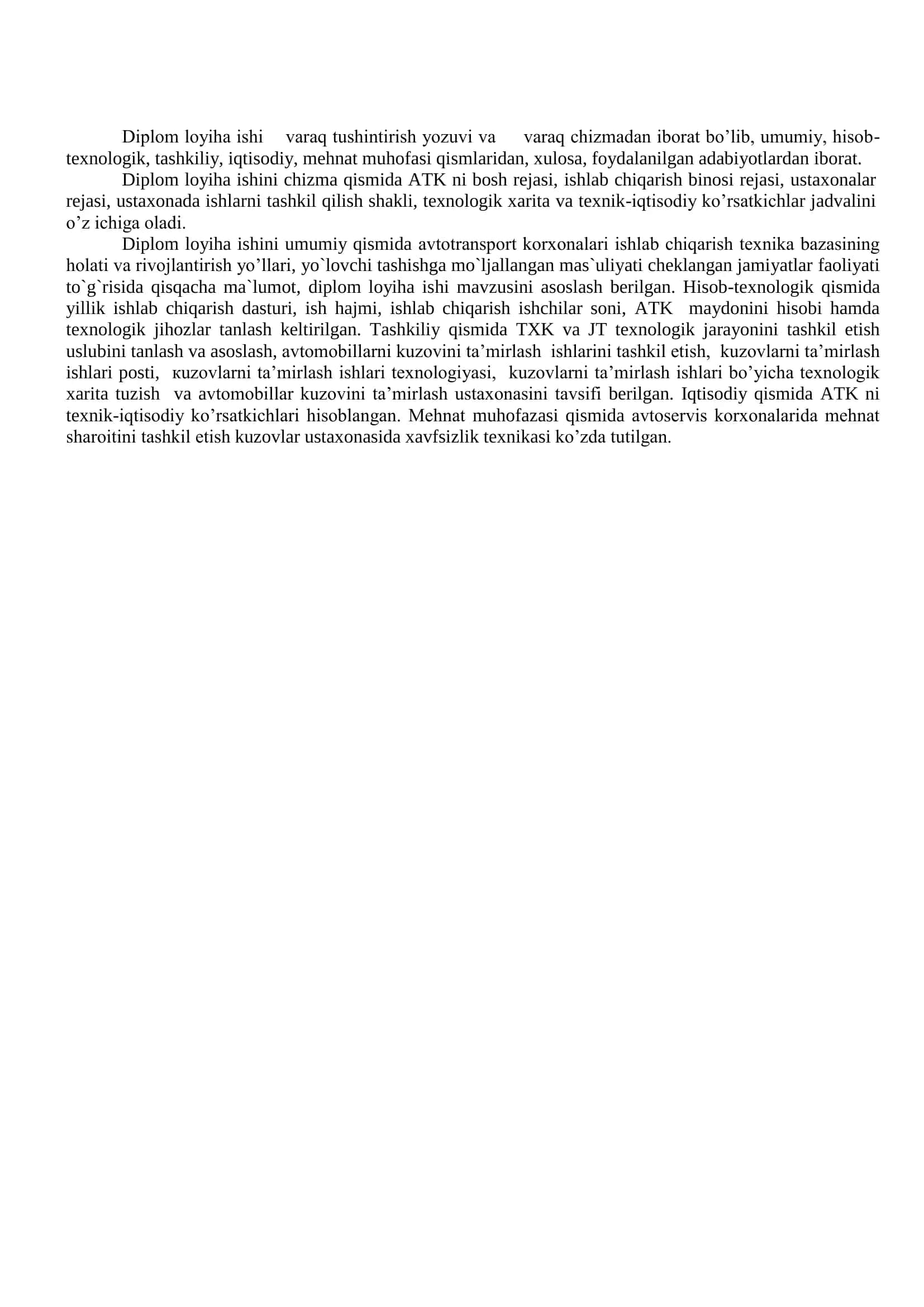 Safo Avtotrans Servis MCHJ Avtotransport Koroxonasi Qayta Qurish Loyihasi Diplom Ishi 2