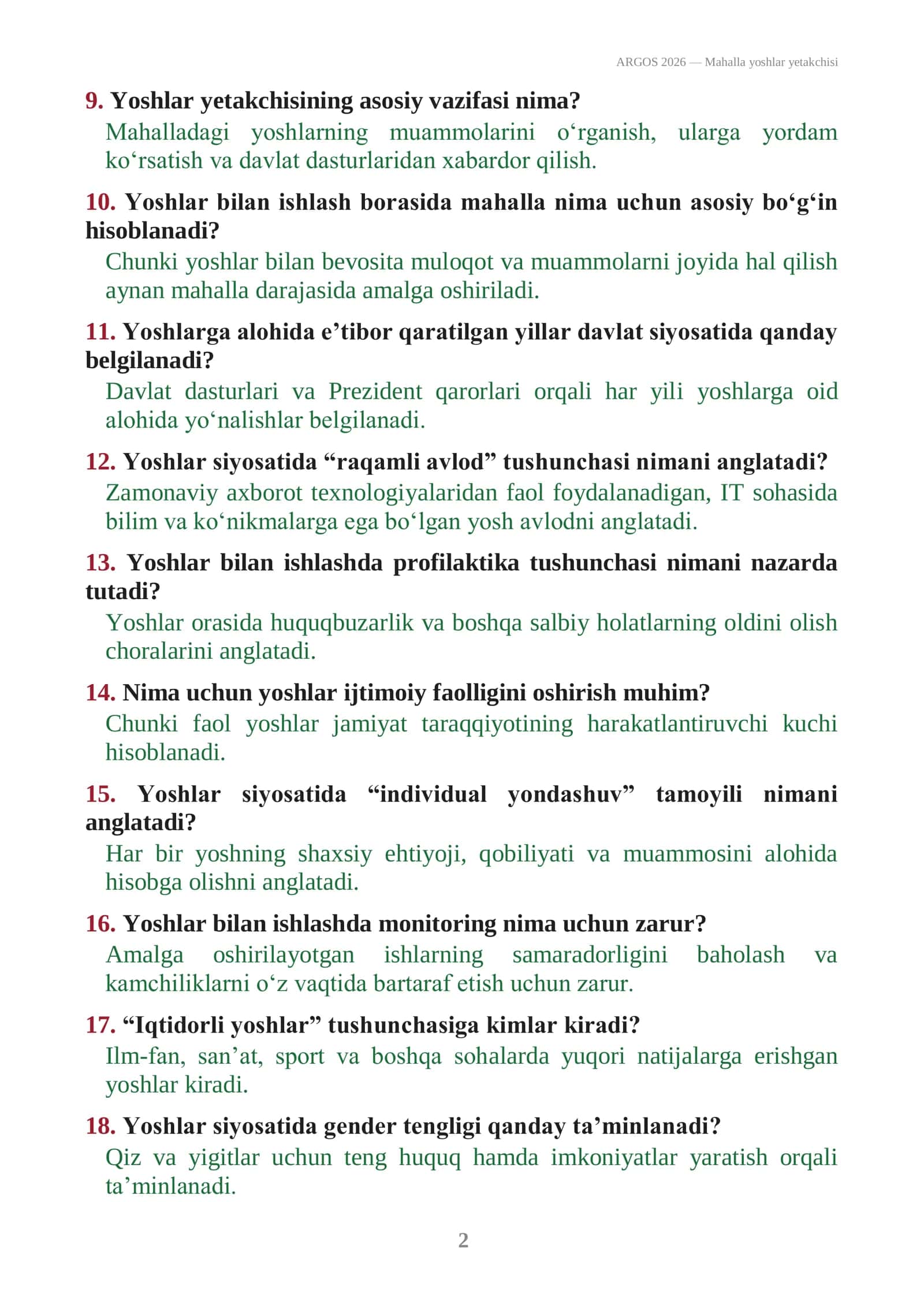 MAHALLA YOSHLAR YETAKCHISI SUHBAT SAVOLLARI VA JAVOBLARI 2