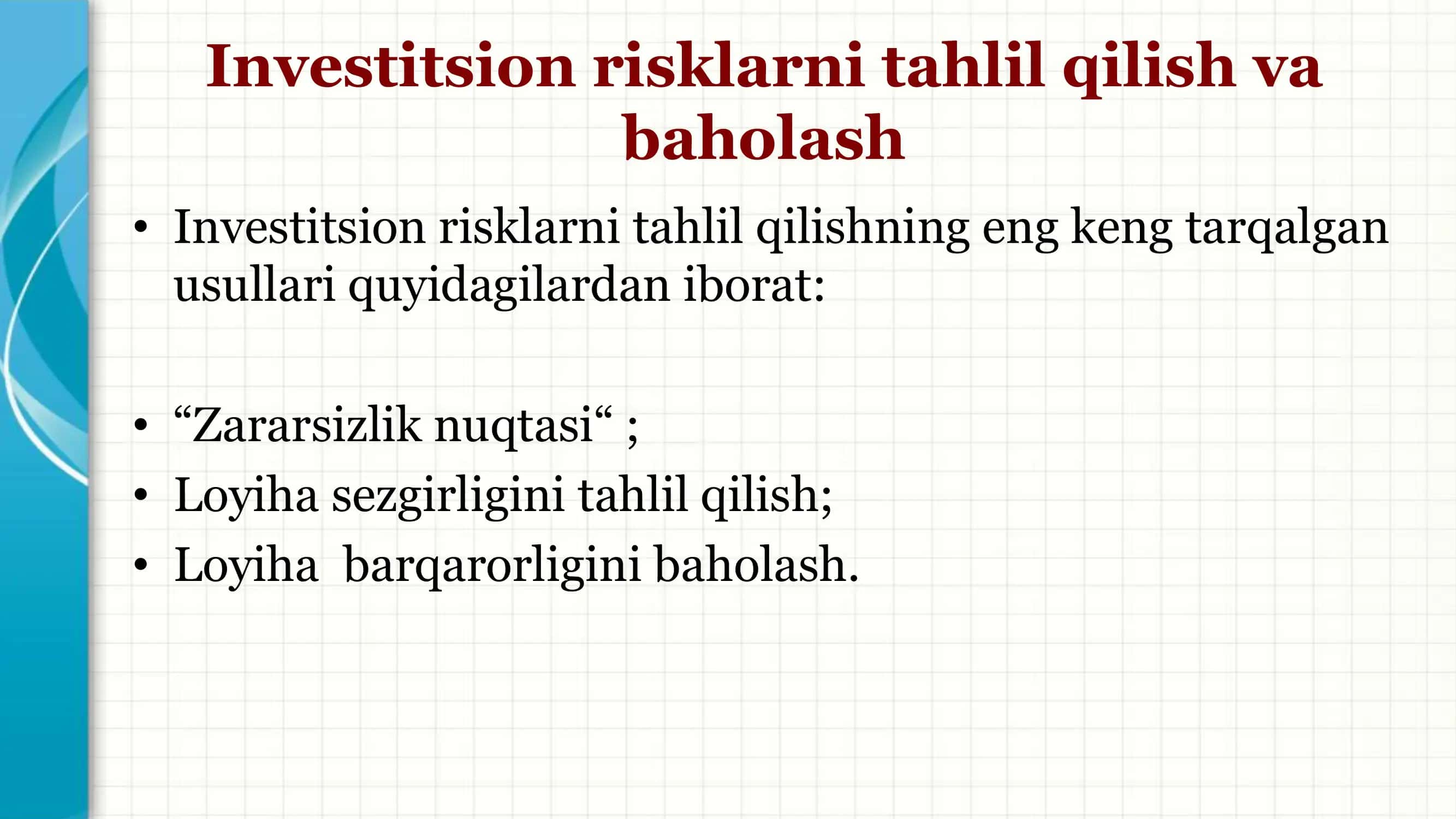 INVESTITSIYA LOYIHALARINI MOLIYALASHTIRISHDA RISKLARNI BAHOLASH VA BOSHQARISH 2