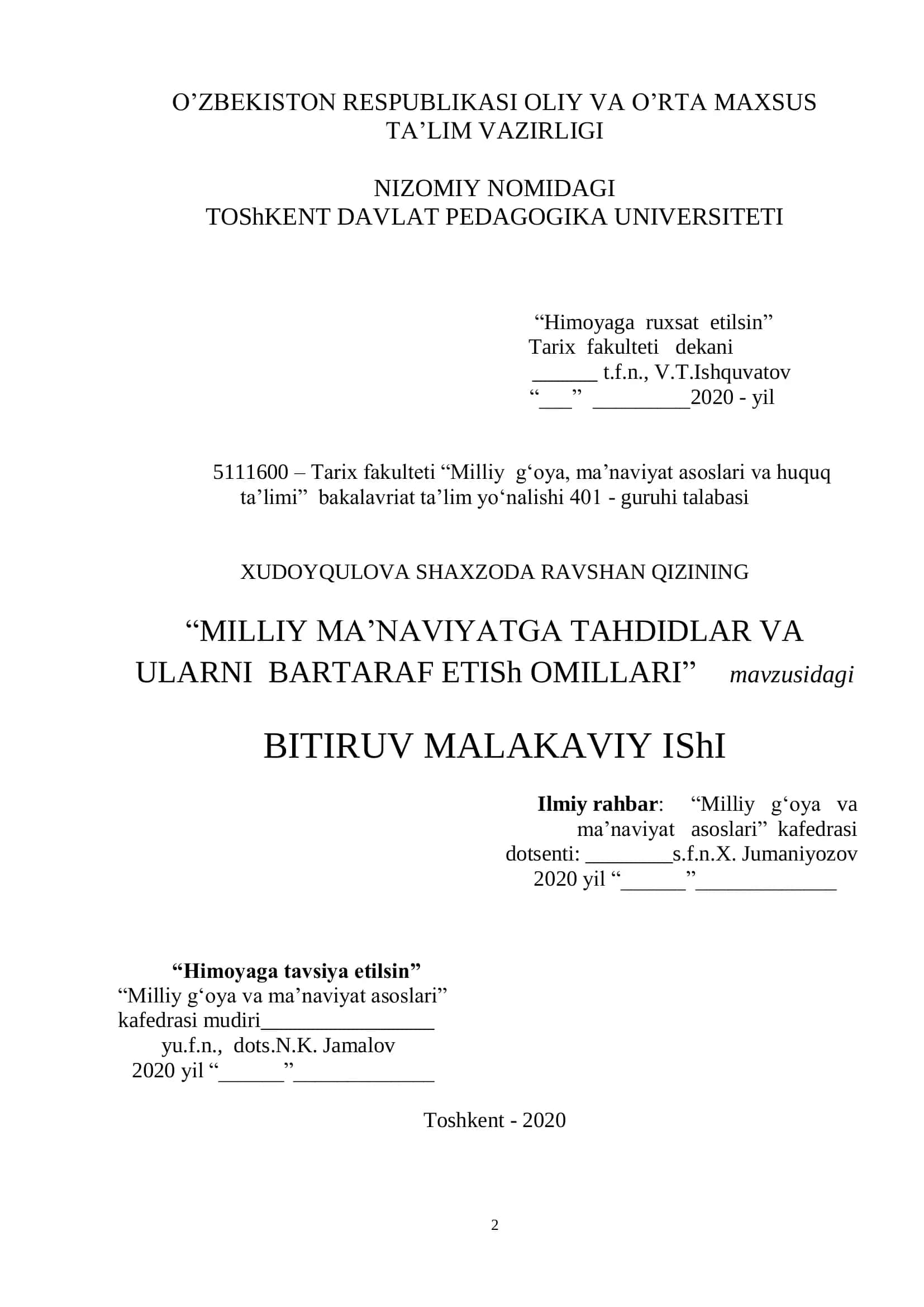 "MILLIY MA’NAVIYATGA TAHDIDLAR VA ULARNI BARTARAF ETISh OMILLARI" BITIRUV MALAKAVIY IShI 2