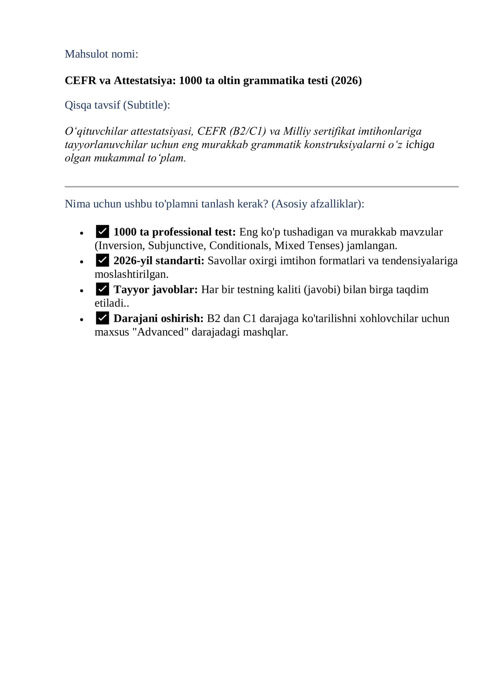 CEFR va Attestatsiya: 1000 ta oltin grammatika testi (2026) 2