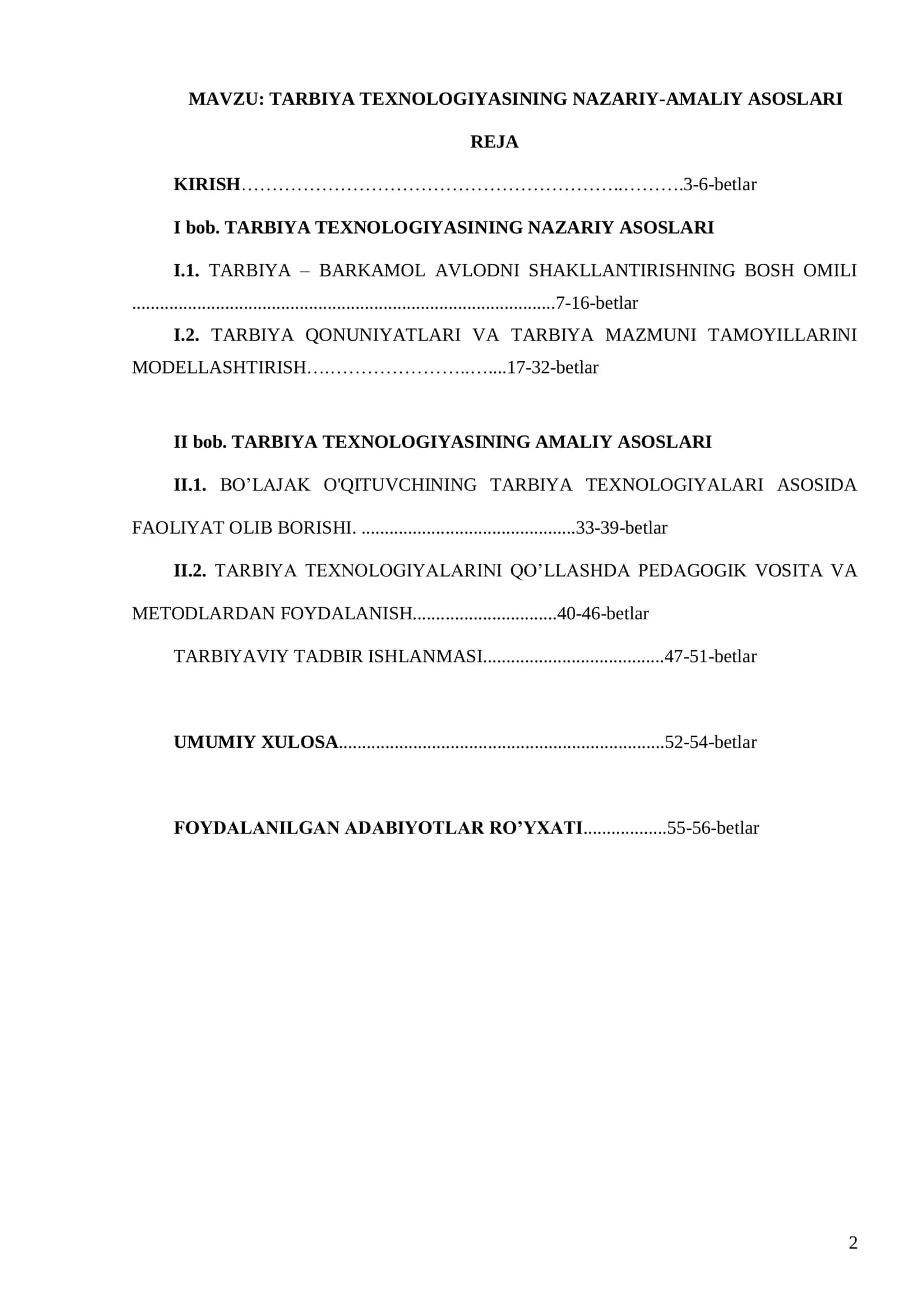 TARBIYA TEXNOLOGIYASINING NAZARIY-AMALIY ASOSLARI mavzusida tayyor bitiruv malakaviy ishi 2