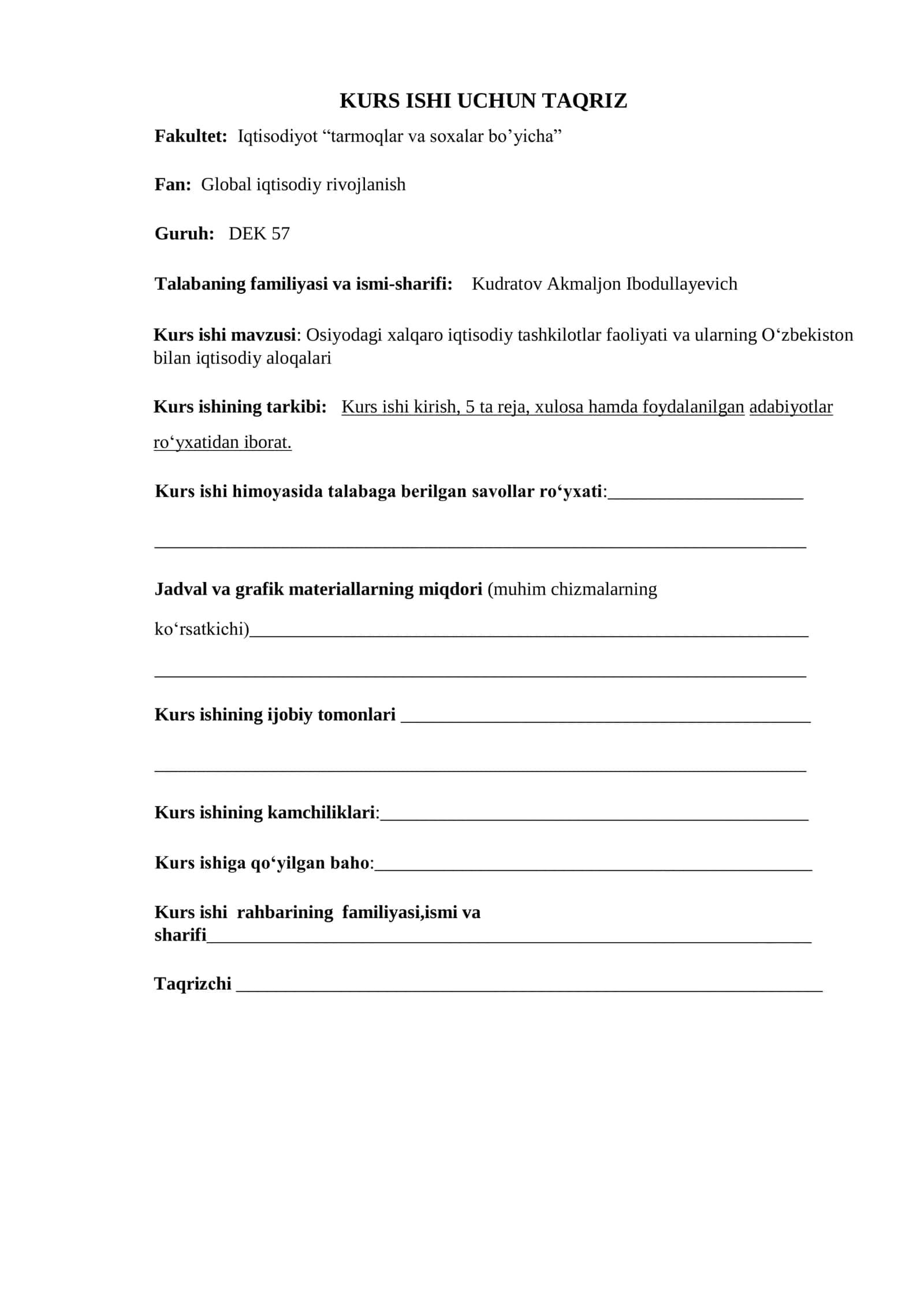 Osiyodagi xalqaro iqtisodiy tashkilotlar faoliyati va ularning O’zbekiston bilan iqtisodiy aloqalari 2
