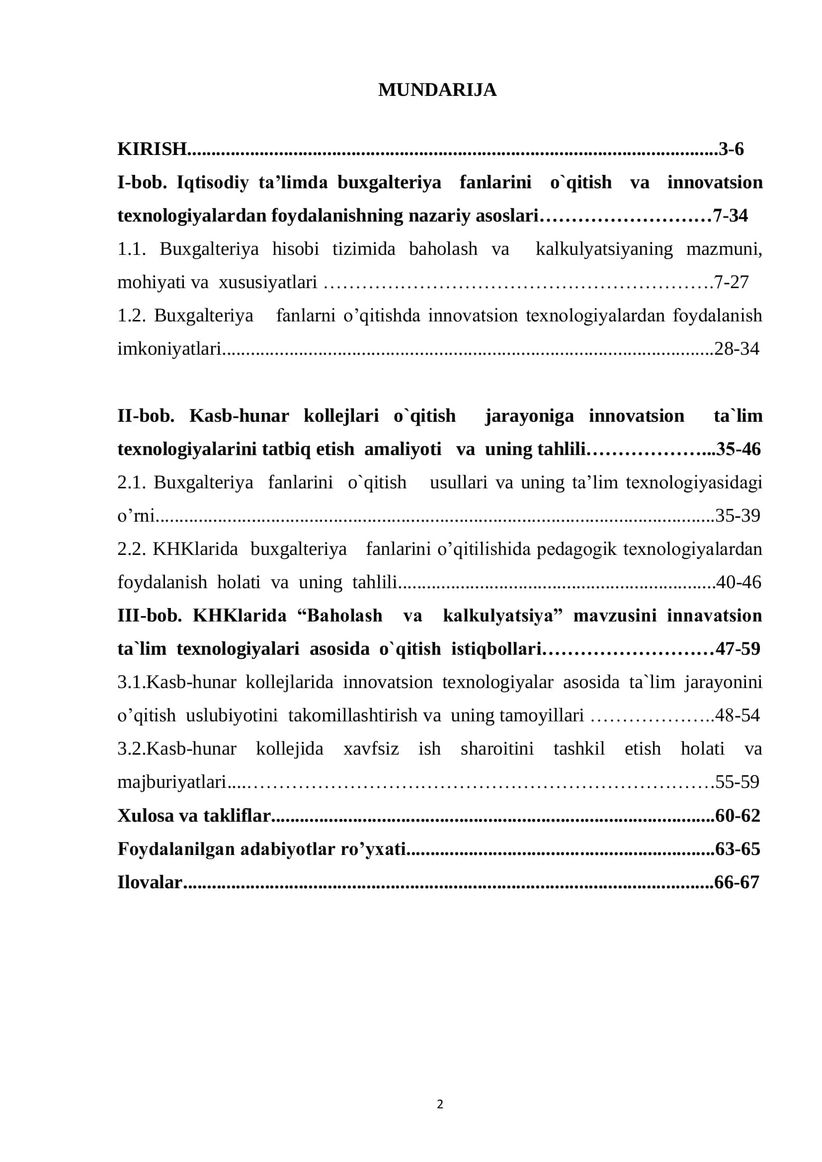 KHKlarida “Baholash va kalkulyatsiya” mavzusini innavatsion ta`lim texnologiyalari asosida o`qitish tamoyillari 2