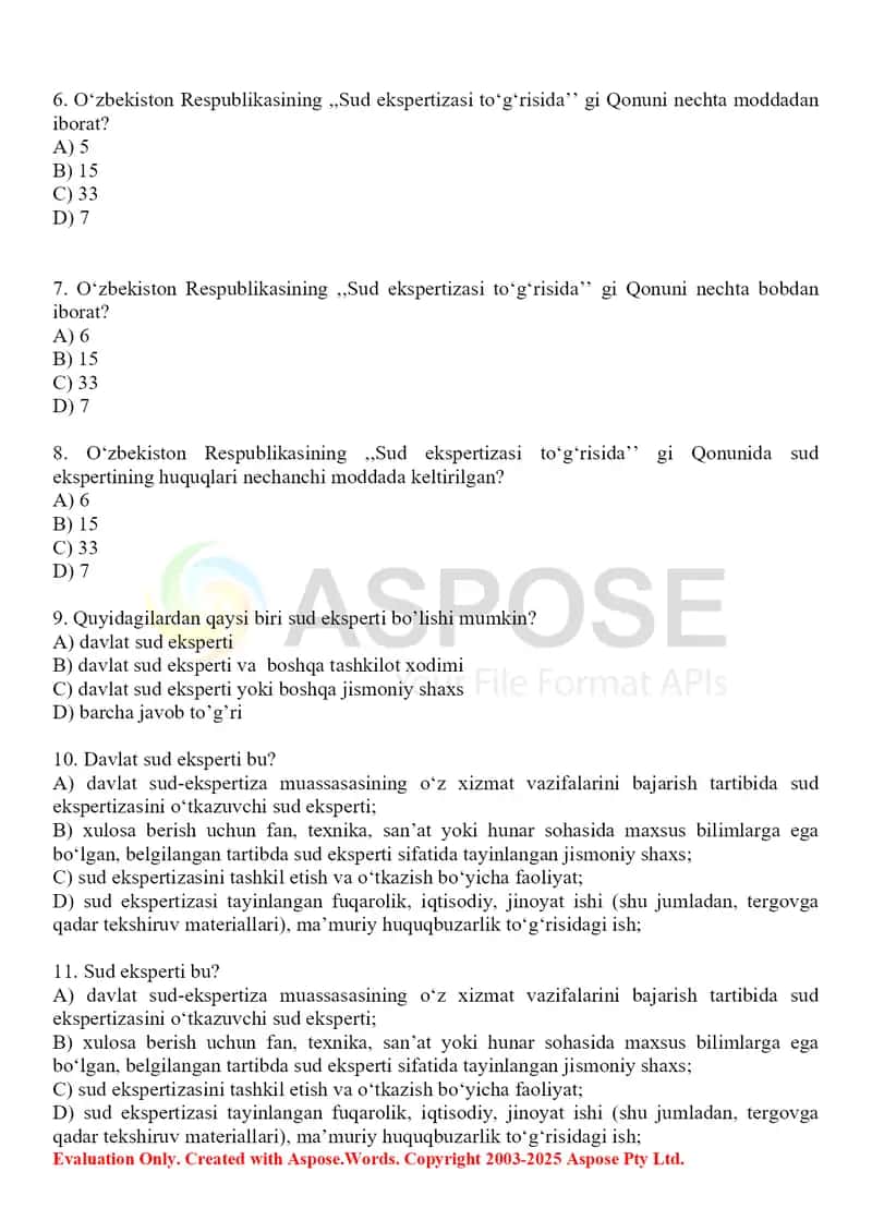 1. Sud kimyosi ekspertiza amaliyotida foydalaniladigan me'yoriy hujjatlar. Test 20 ta 2
