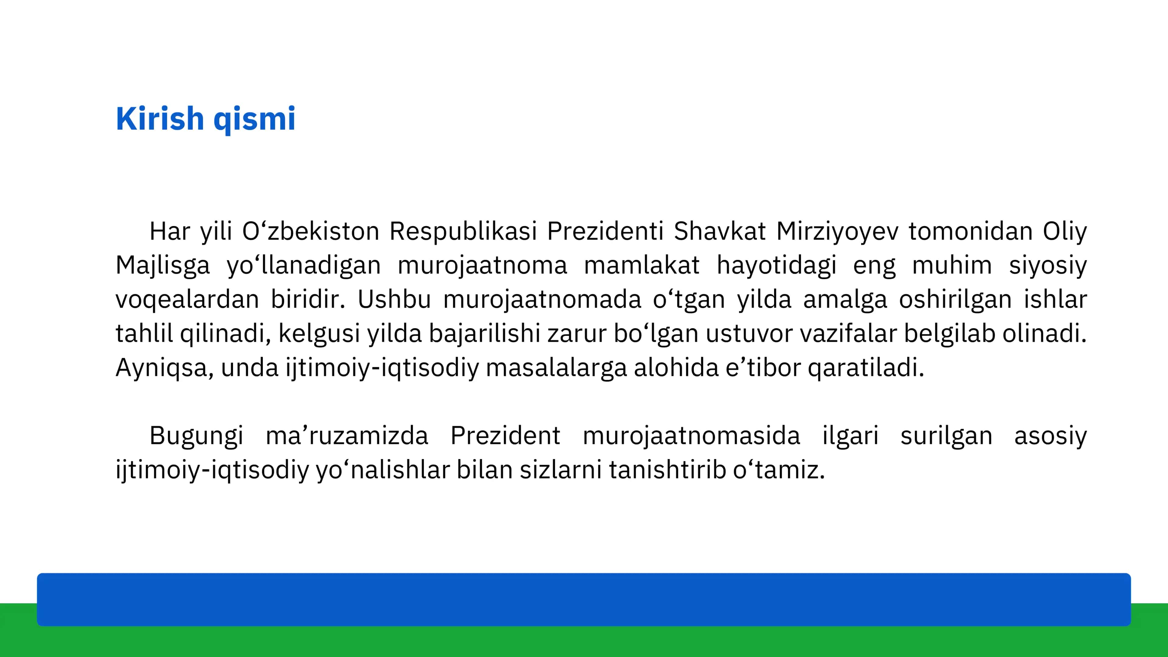 Prezident Shavkat Mirziyoyevning Oliy Majlisga murojaatnomasidan o‘rin olgan ijtimoiy-iqtisodiy masalalar 2