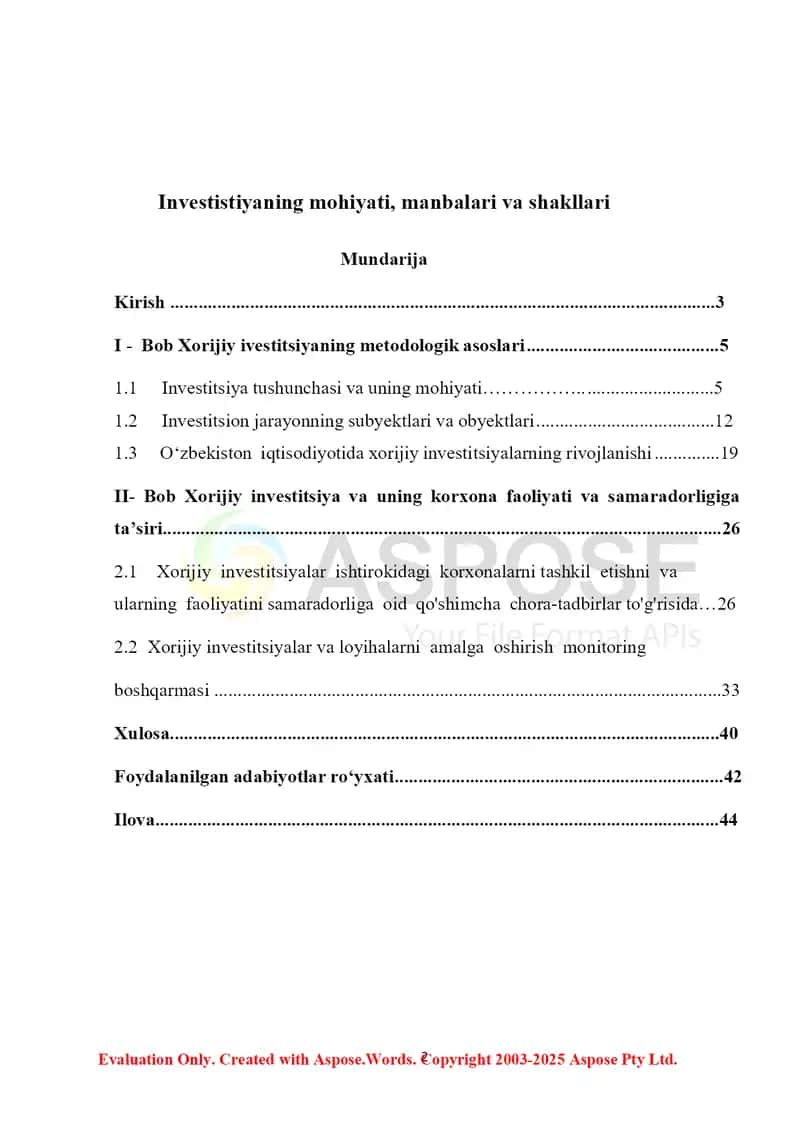 Kurs ishi: Investitsiyaning mohiyati, manbalari va shakllari 2