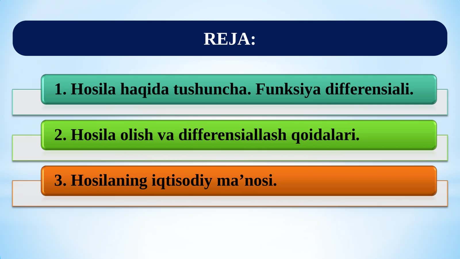 Amaliy matematika 2: Bir o’zgaruvchi funksiya hosilasi va differensiali 2