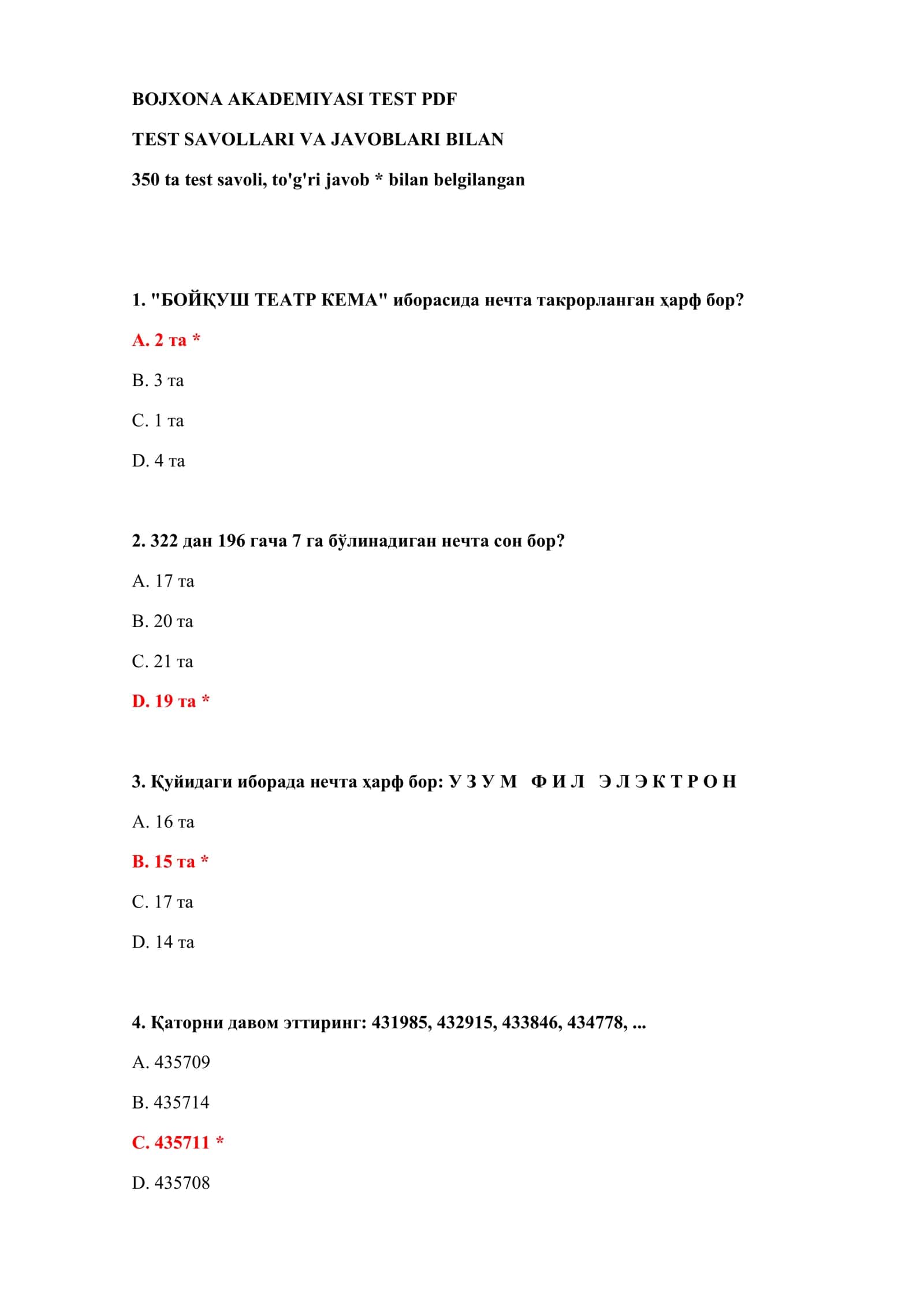 BOJXONA AKADEMIYASI TEST PDF 2