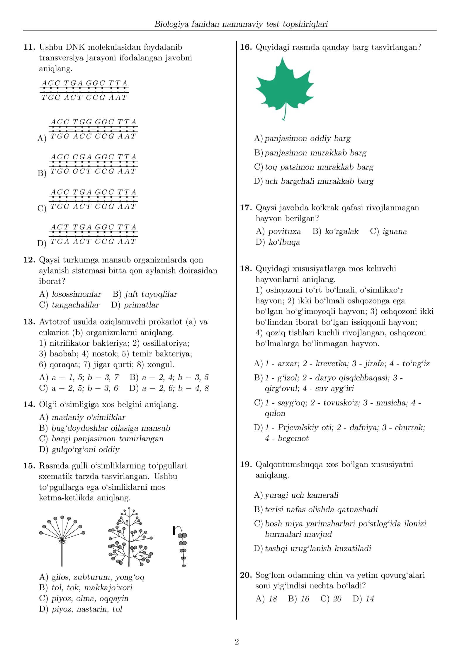 Biologiya fanidan namunaviy test topshiriqlari 2